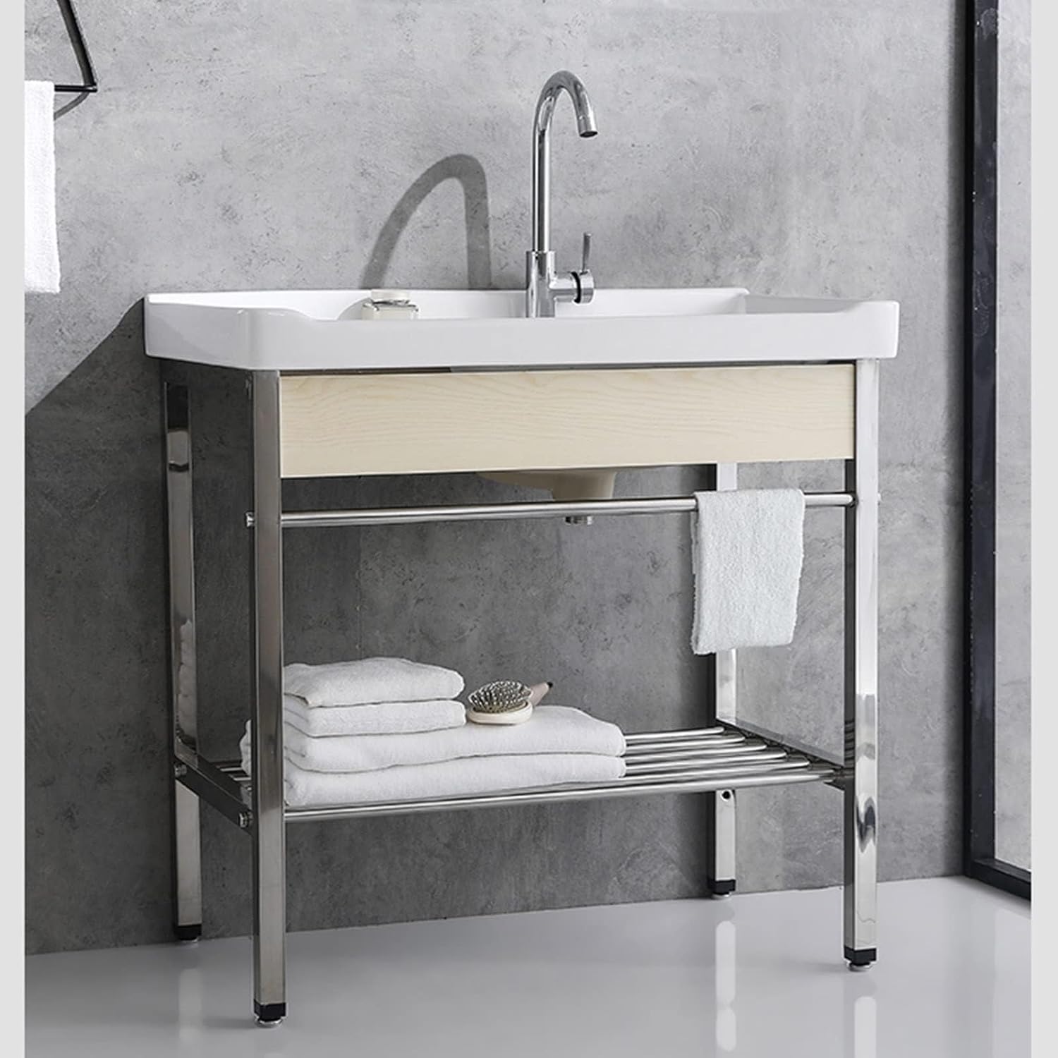 Ceramic Utility Sink with Washboard Set, Freestanding Laundry Utility Sink, Bathroom Washbasin with Bracket and Drain Kit for Laundry Room Utility Room Garage Basement Outdoor and Indoor