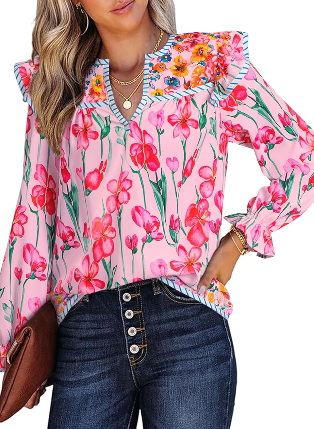 SHEWIN Women's Blouses Split V Neck Mixed Floral Print Long Sleeve Chiffon Fall Tops Striped Trim Shirts - Image 5