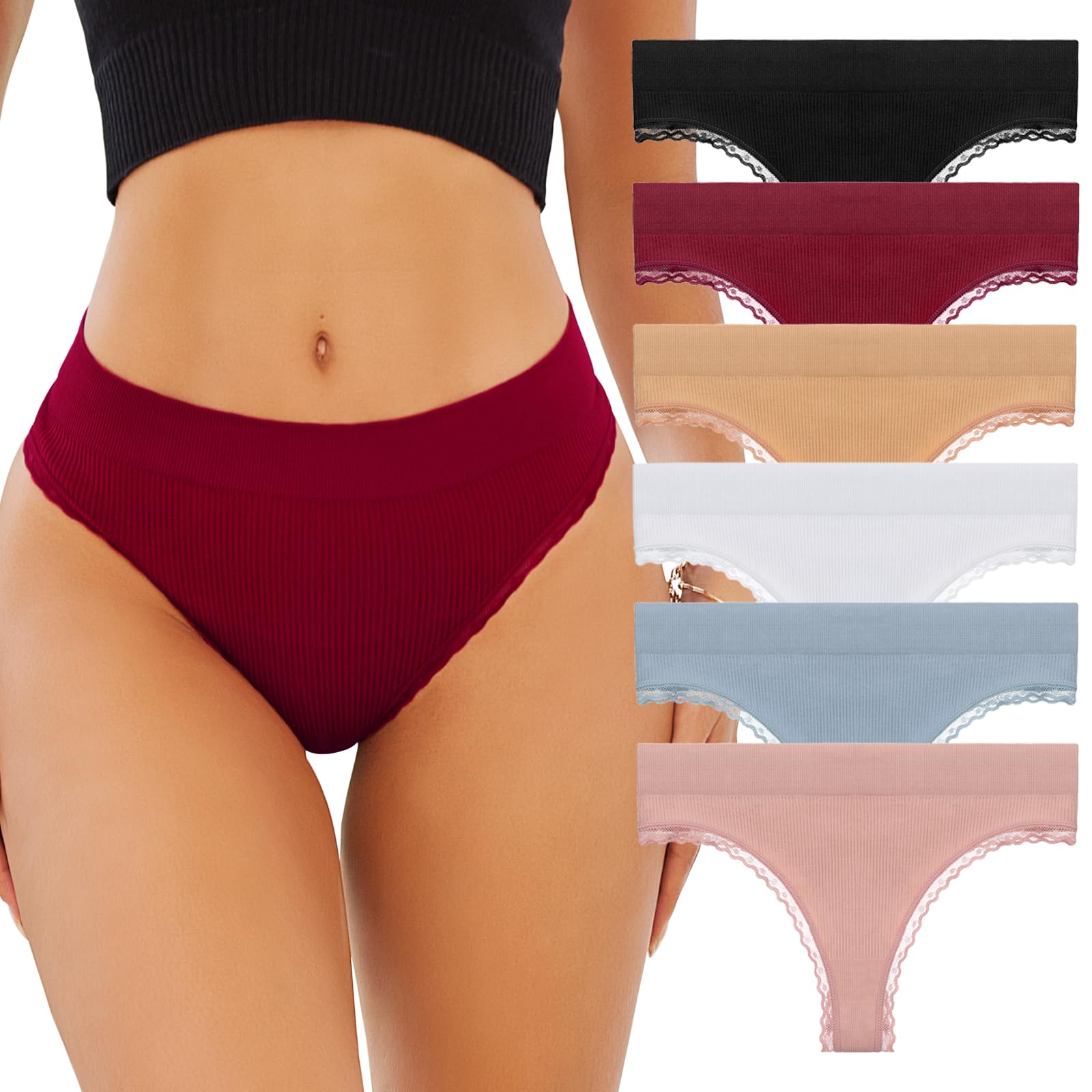 Seamless Lace Thongs for Women No Show Thong Underwear Lady Breathable Comfort Panty Soft Tanga 6 Pack