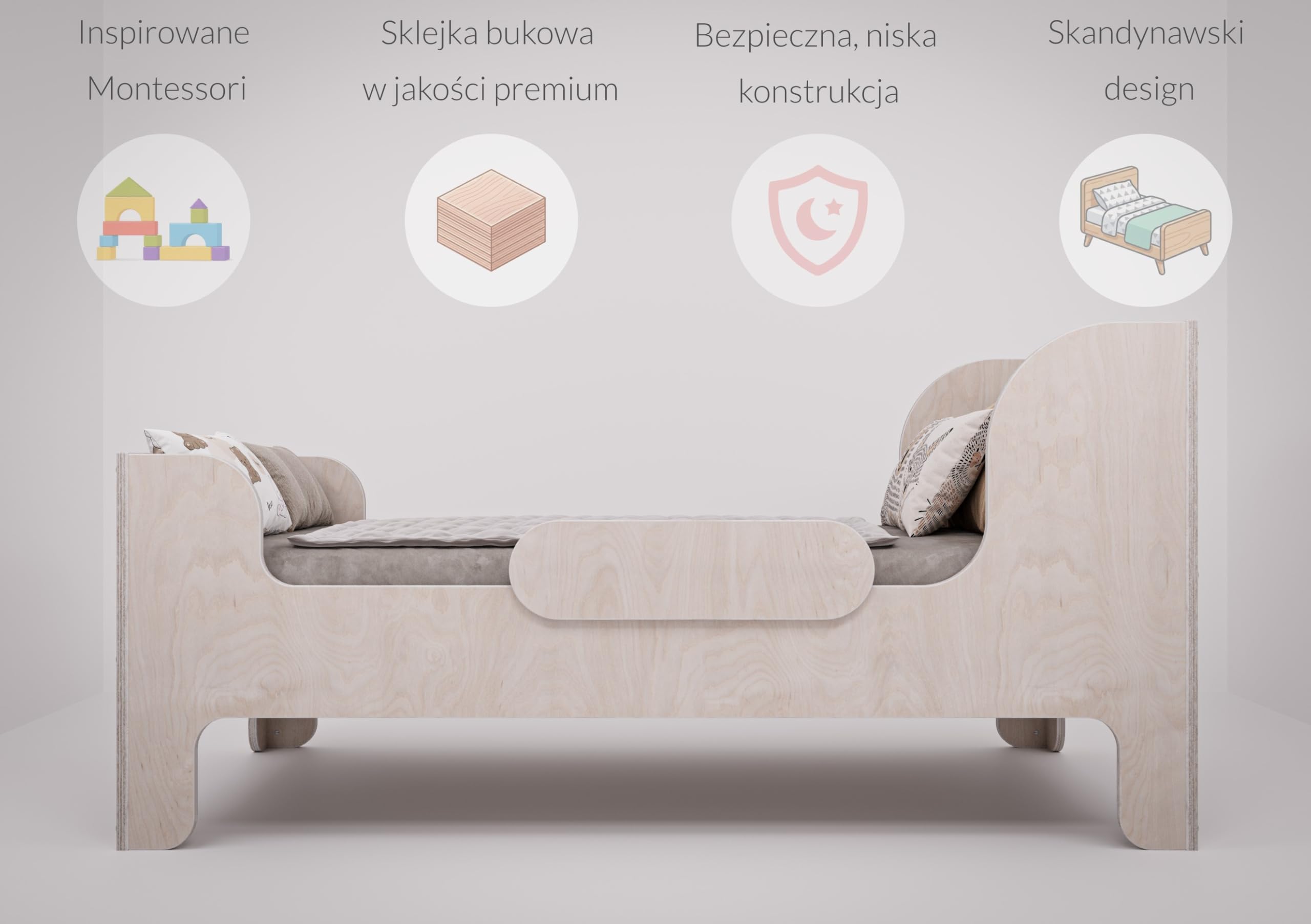 OSONO | ALLA B Łóżko dziecięce 80x160 cm z naturalnego drewna | Łóżko podłogowe Montessori z barierką ochronną i stelażem | Nowoczesne łóżko dziecięce dla chłopców i dziewczynek
