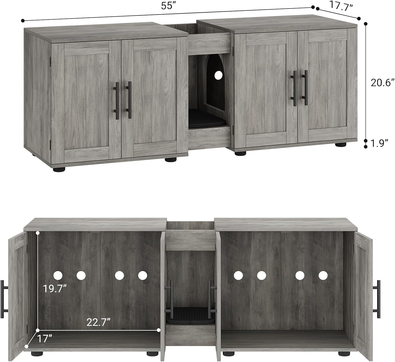 GAOMON Litter Box Enclosure with Double Cage, Cat House,Hidden Litter Box Enclosure Furniture for 2 Cats, Wooden Enclosed Cat Litter Box Furniture,55”L x 17.7”W x 22.5”H, Grey