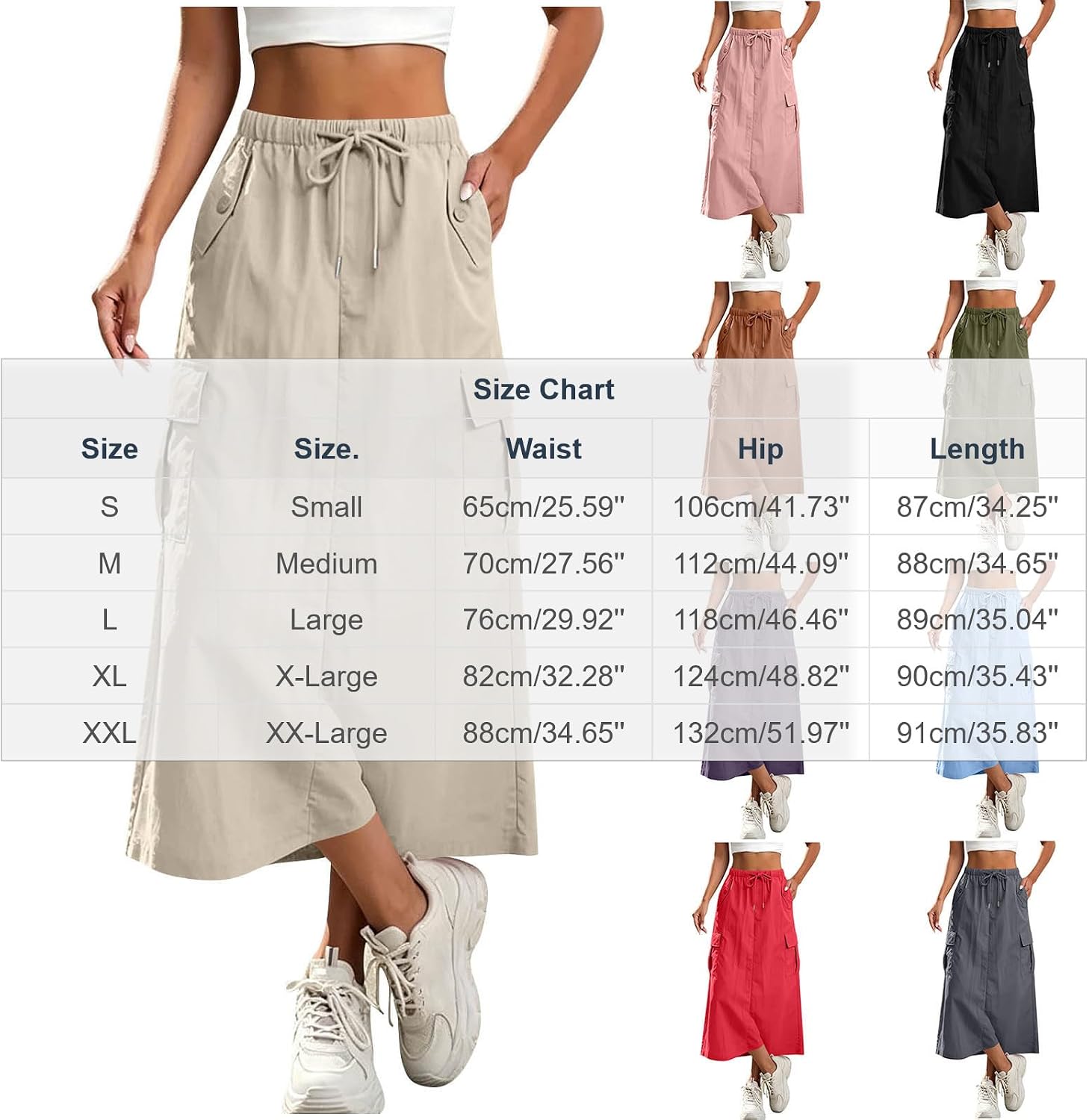 Womens Cargo Skirt High Waisted Drawstring Quick Dry Maxi Skirt Fashion Slit A Line Long Skirts Summer Skirts