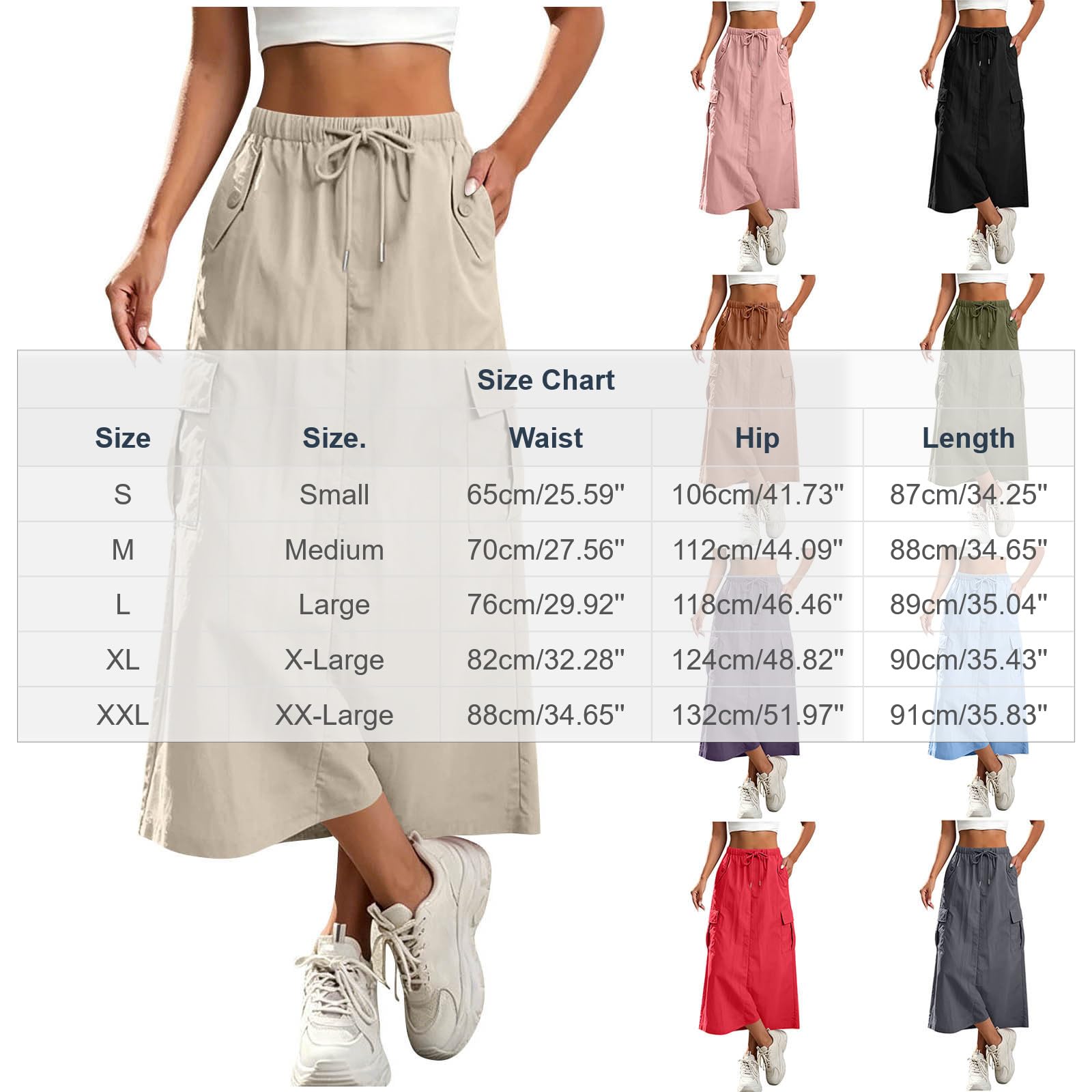 Langer Rock Damen Sommerrock Midirock Elegant Lang Cargo Rock mit Schlitz Hinten Wanderrock Sommer Cargorock Einfarbiges Lässig Sportrock mit Elastische Taille und Kordelzug Freizeitrock