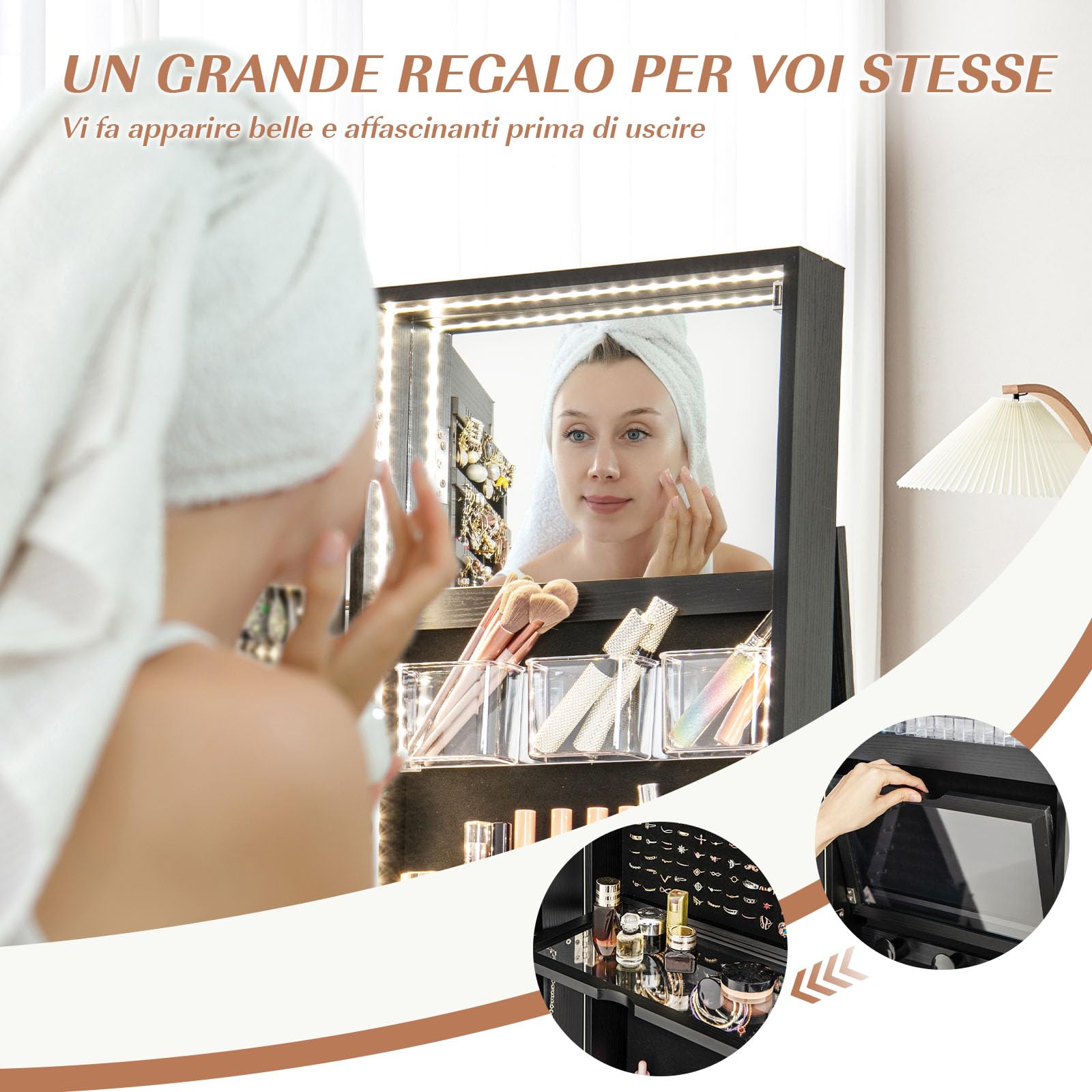 GYMAX Armadietto per Gioielli Girevole a 360°, con Specchio a Figura Intera Luce a LED a 3 Colori, Specchio Interno per il Trucco con Serratura, 54,5 x 54,5 x 161cm (NERO)