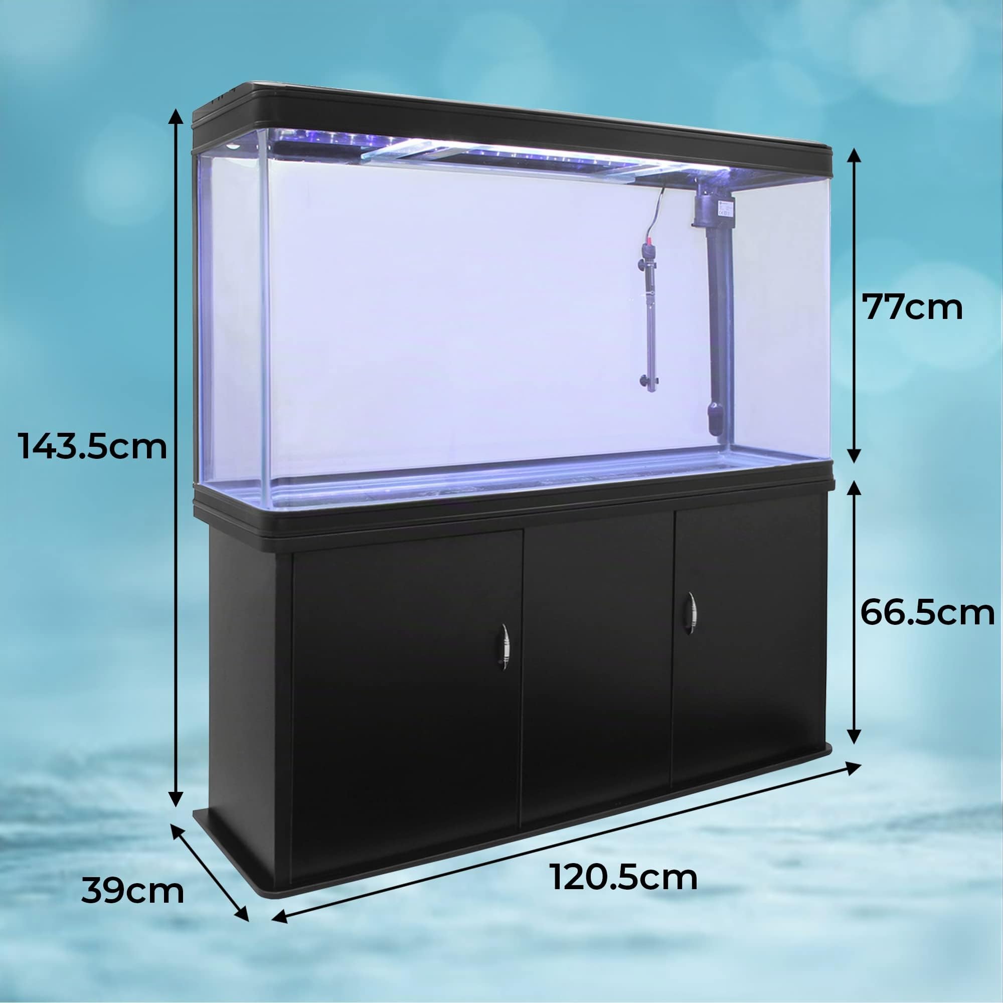 Pecera Acuario 300 litros para Peces Agua Dulce,Tropicales+Marinos con Mueble Negro,Grava Natural,Calentador 300W Ajustable,Filtro,Bomba Aire,Zona Observación 180º +Luz LED, 2 Años Garantía Eléctrica