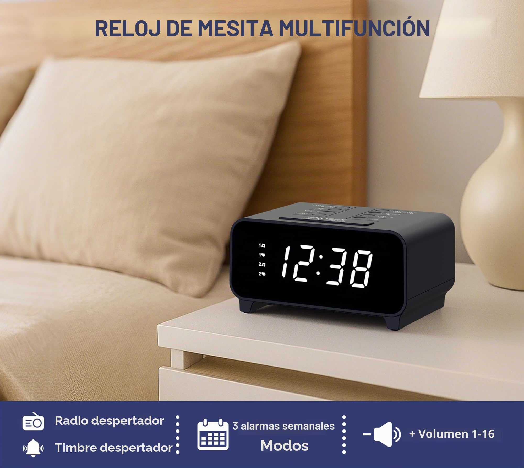 iTOMA Reloj despertador con radio AM/FM, función de alarma dual, función de repetición, ubicaciones de memoria, atenuador, pantalla de 12/24 horas, reloj digital (213, pequeño (213R, pequeño)