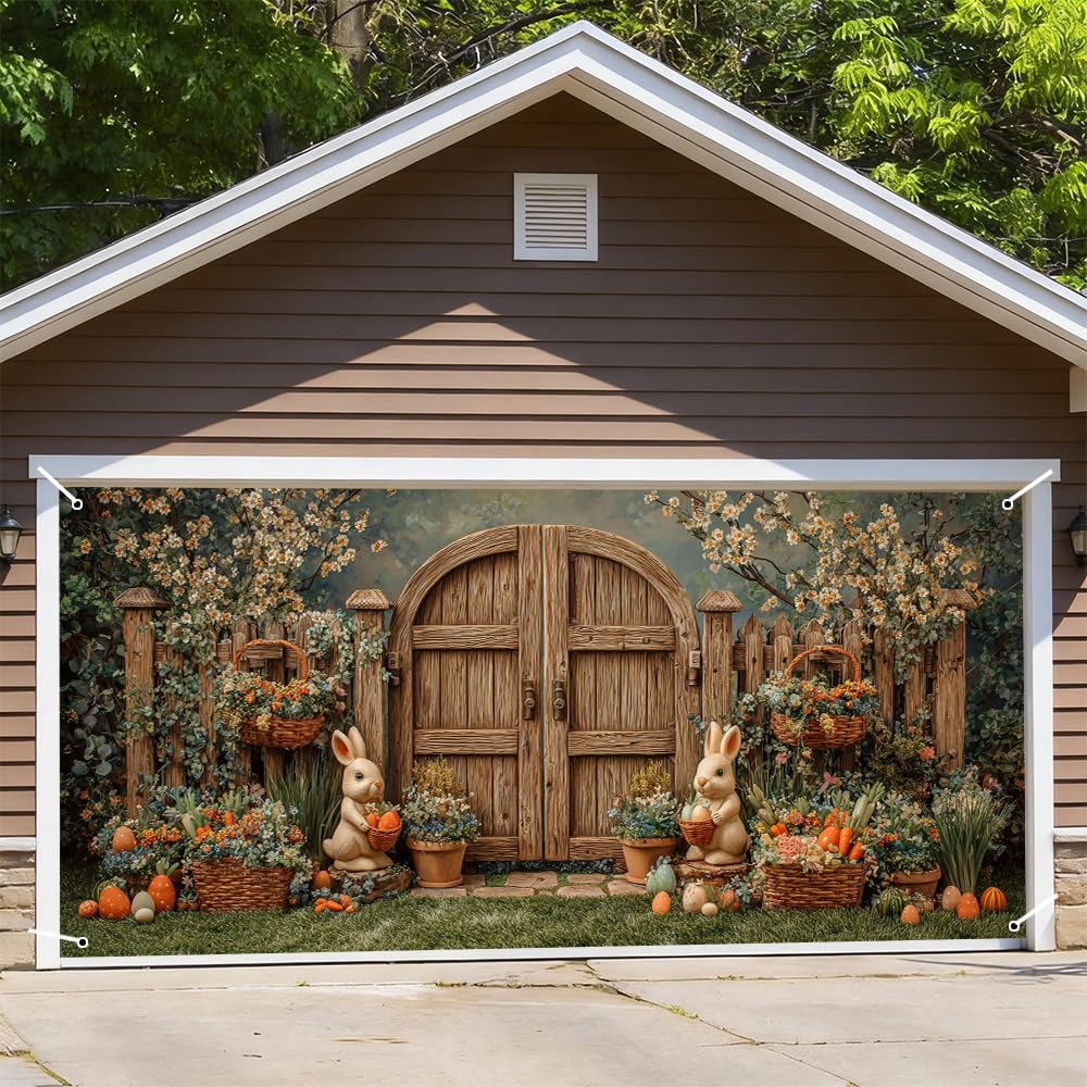 Spring Garden Garage Door Cover 157x70" Bunny Floral Rustic Wood Door Farmhouse Outdoor Mural Banner Easter Decoration Home Decor