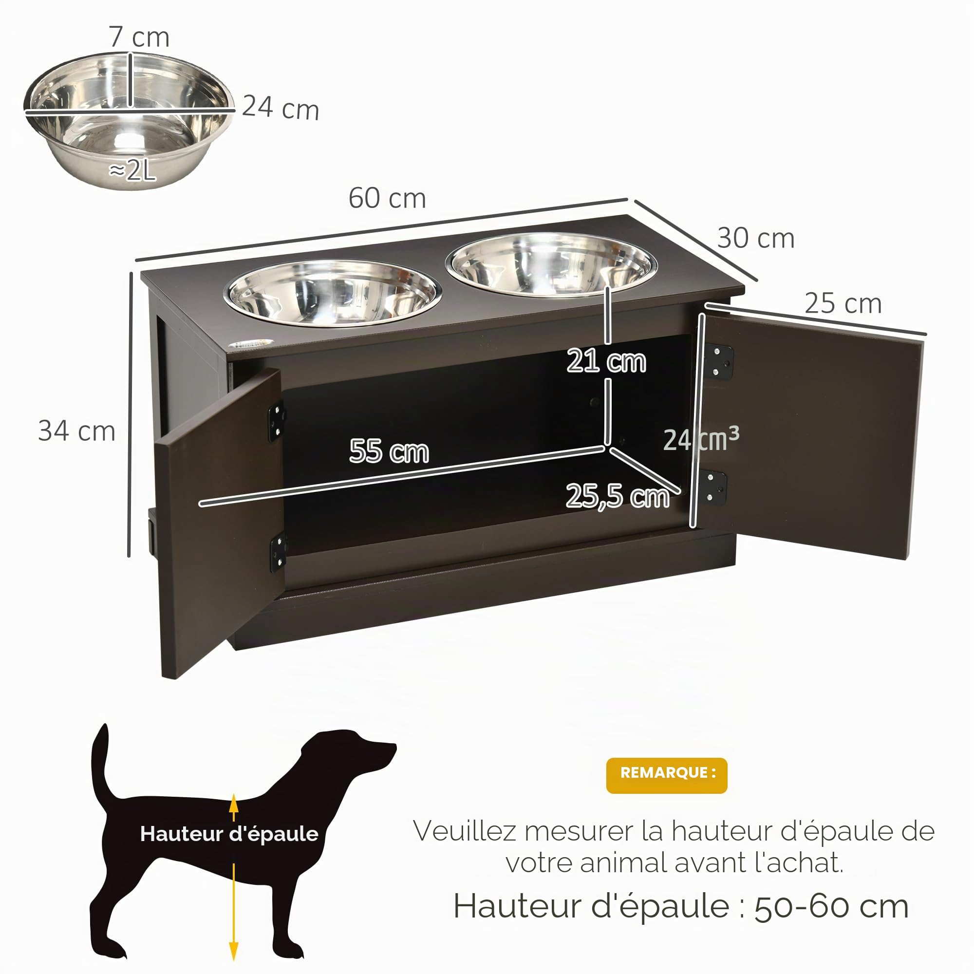 PawHut Gamelles surélevées Grands Chiens, Station d'alimentation Café | Avec rangement, deux bols en acier inoxydable, distributeur de nourriture pour chiots d'intérieur.