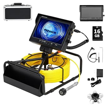 Sewer Camera 98.4FT, 9" 1080P Color LCD with DVR, Drain Plumbing Camera with Waterproof IP68 23MM Stainless-Steel Probe, 12 LEDs, 16GB Card & Aluminum Carry Case for Pipe & HVAC Inspection