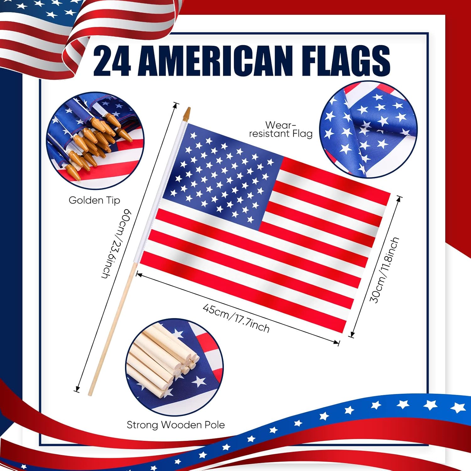 Newwiee 24 Pcs 250 Anniversary USA Flag 12 x 18 Inch American Handheld Flags on Stick with Safety Spear Top for 250th Anniversary Independence Memorial Day 4th of July Yard Garden Decoration