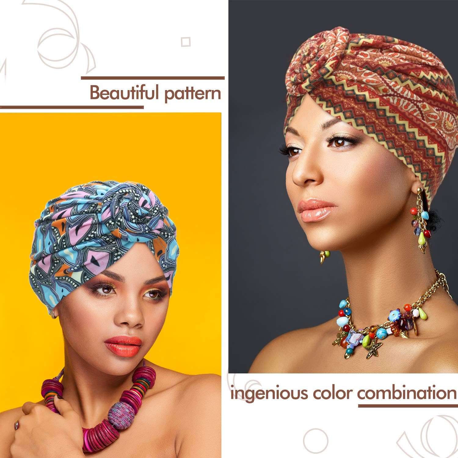 SATINIOR 4 Pieces African Pattern Headwrap Pre-Tied Bonnet Turban Knot Beanie Cap Headwrap Hat - Image 3