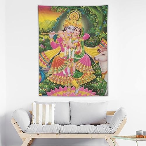 Miniatura 3 de Hinduismo Dios Decoración Religión Tapiz Krishna y Radha Tapiz decorativo Pintura decorativa de poliéster arte de pared de sala de estar, tapices de