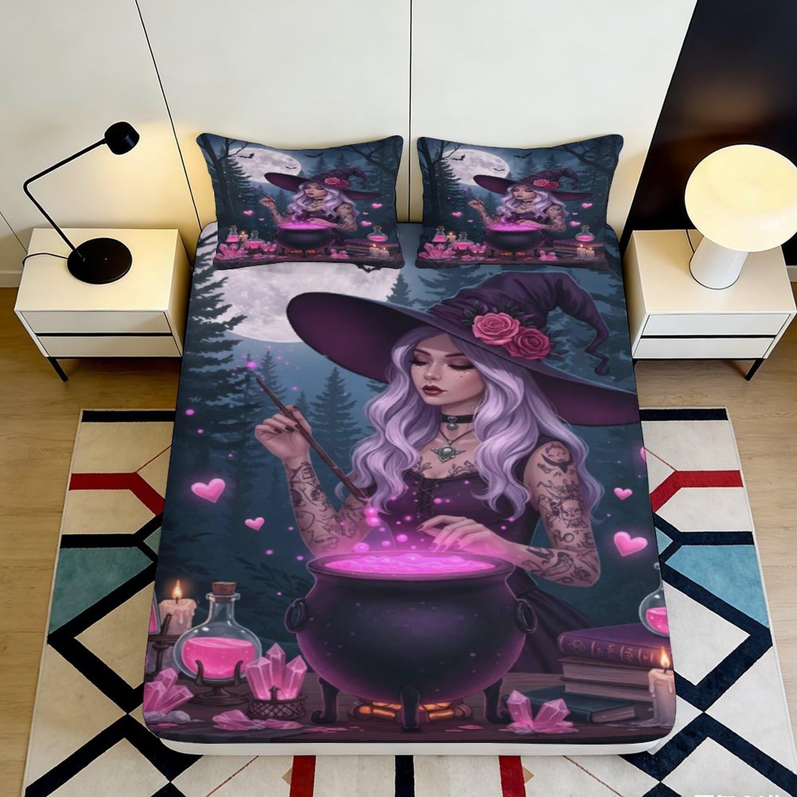 3D Printed Witch Potion Fitted Sheet Microfiber Bedroom Decor Pink Magic Bed Cover for Home Dorm Mattress Protection 90x200x25cm