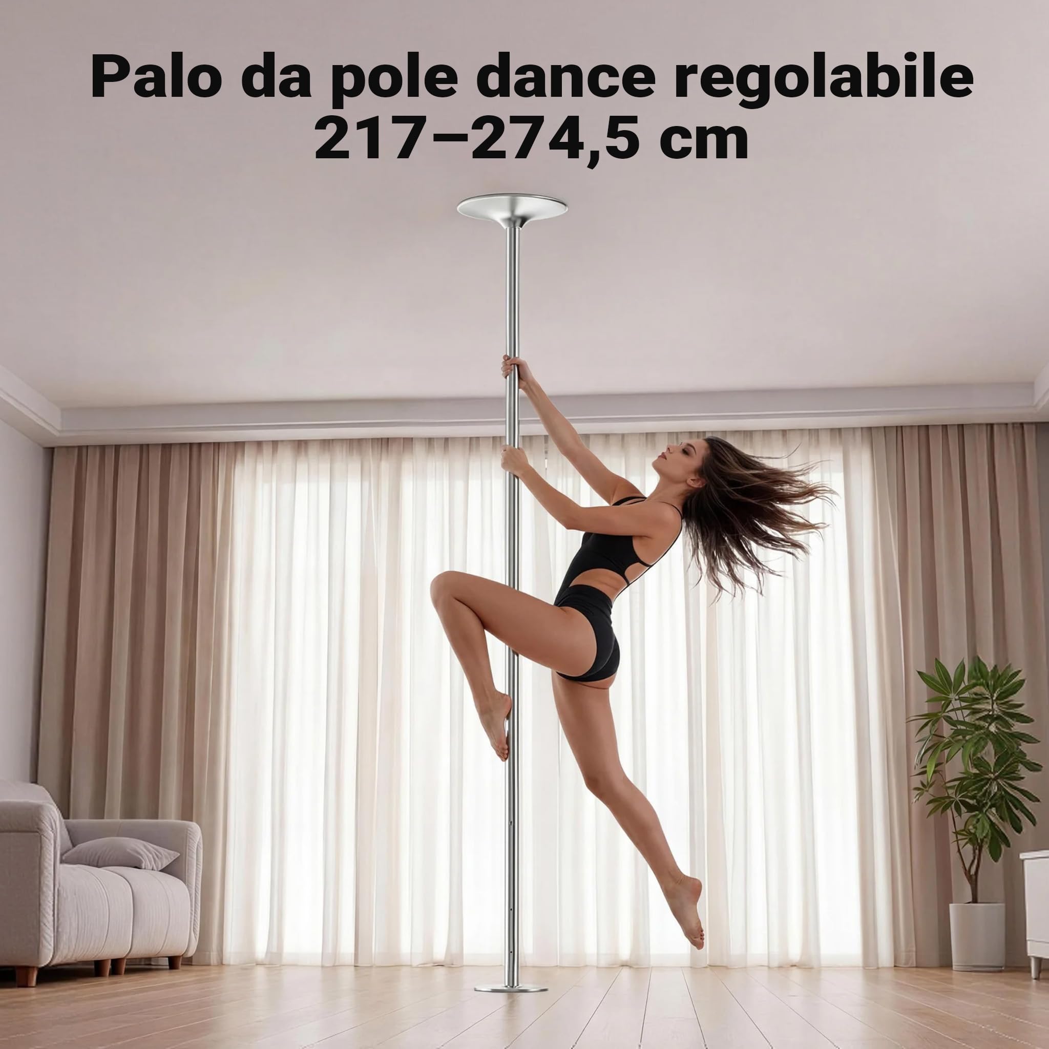 Wiltec Palo da Pole Dance Ø 45 mm Altezza Regolabile 2,31-2,74 m in Acciaio Non Richiede Fori
