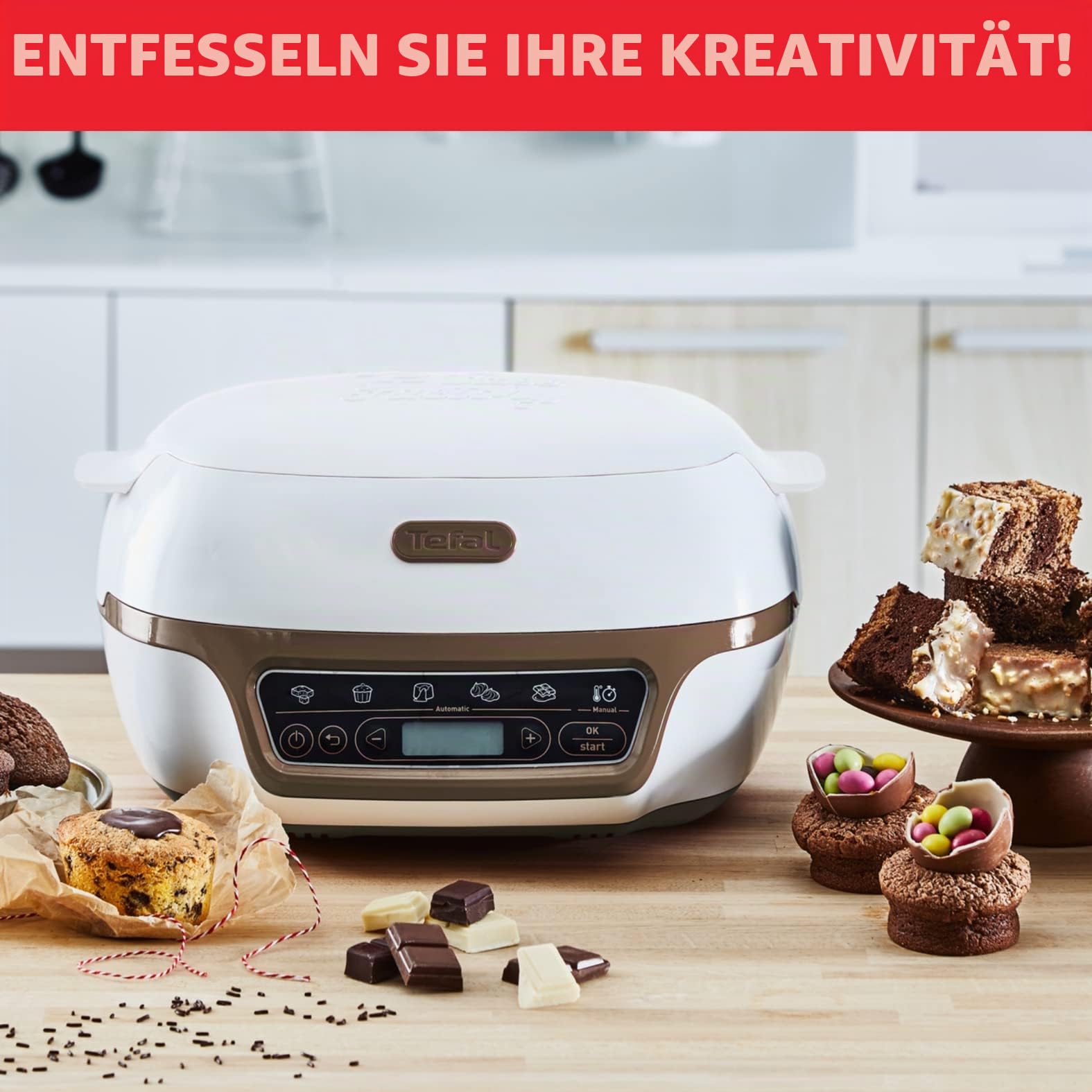Tefal Kuchenmaschine, 5 automatische Programme zur Einstellung, 1 manueller Modus, 3 flexible Formen, 1 große Backform aus beschichtetem Stahl, kompatibel mit Crispybake, Cake Factory + KD802112