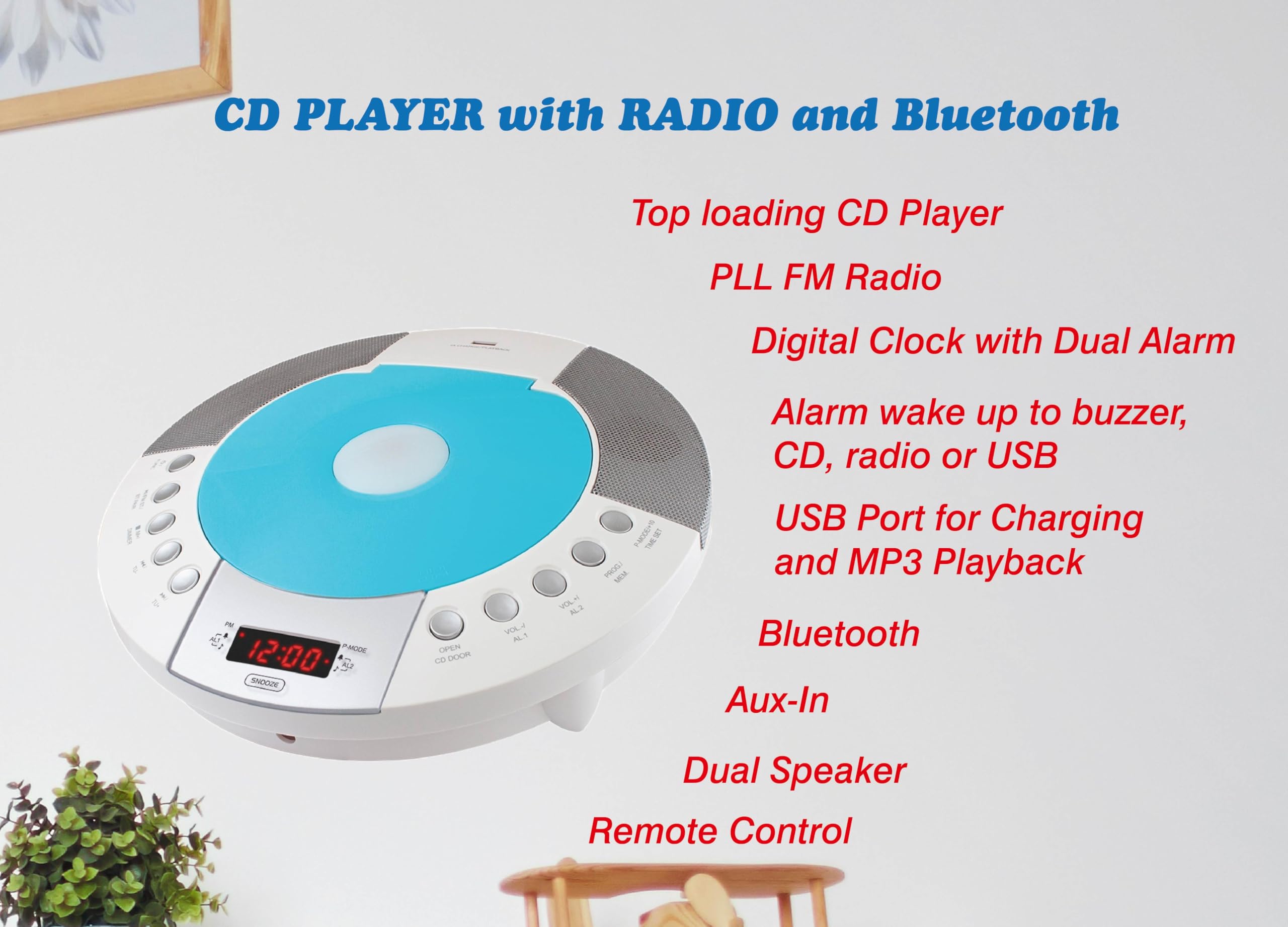 HANNLOMAX HX-330CD CD Player, FM Radio, Bluetooth, Alarm Clock, Red LED Display, USB Port for Charging and MP3 Playback, Aux-in, Remote Control Included, AC Operation only. (Blue)