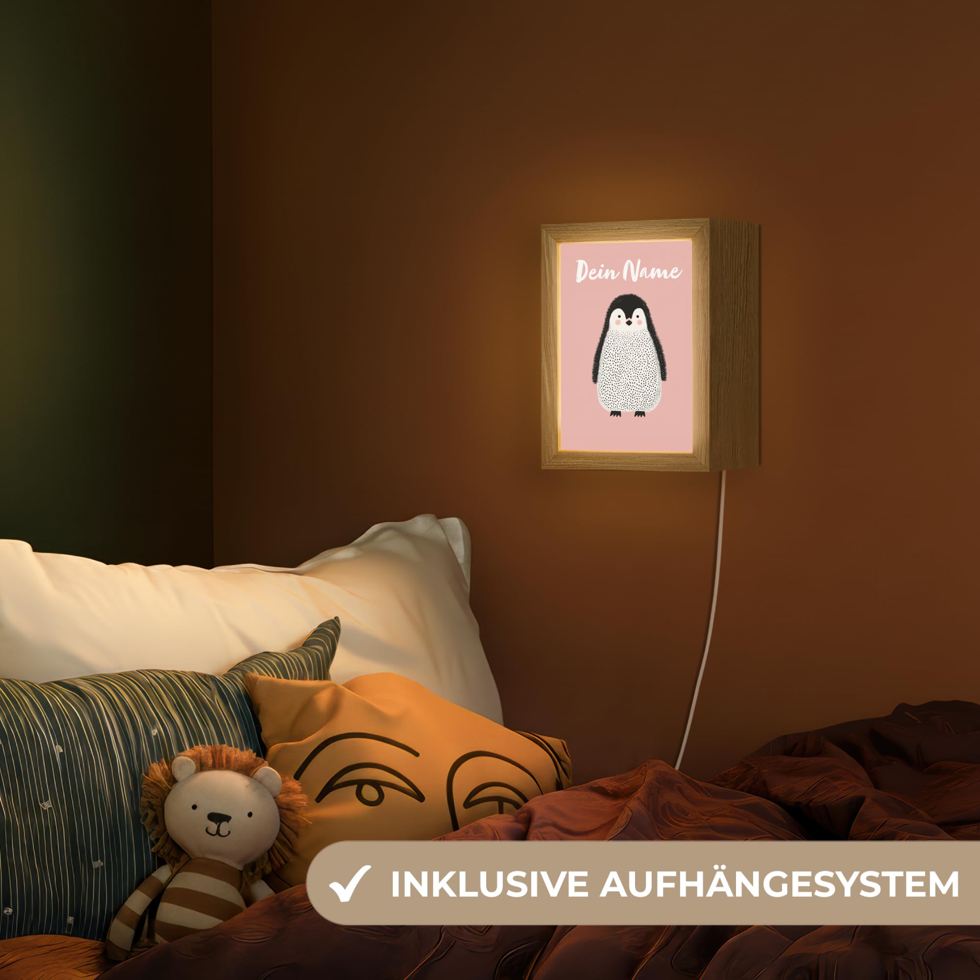 Nachtlicht Für Kinder Mit Name 15x20 cm Lampe Nachttisch Nachtlampe Kinderzimmer Personalisiert Nachttischlampe Jugendliche Pinguin - Punkte - Minimalistisch - Rosa