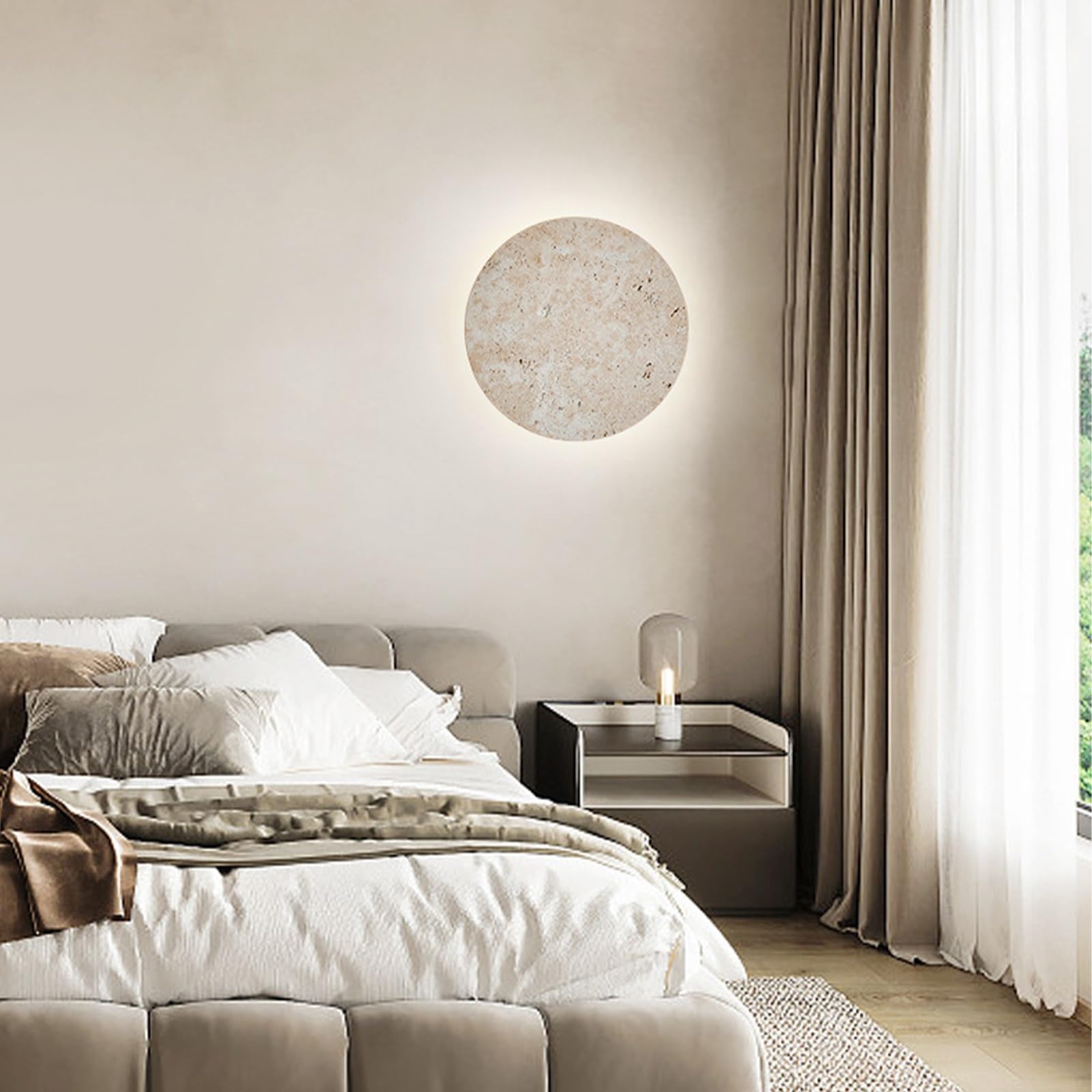 Styl skandynawski lampa ścienna z kamienia naturalny żółty trawertyn abażur kinkiet ścienny okrągły kryty wewnętrzne kinkiety do salonu jadalnia korytarz gabinet dekoracja oświetlenia domu(4000K)