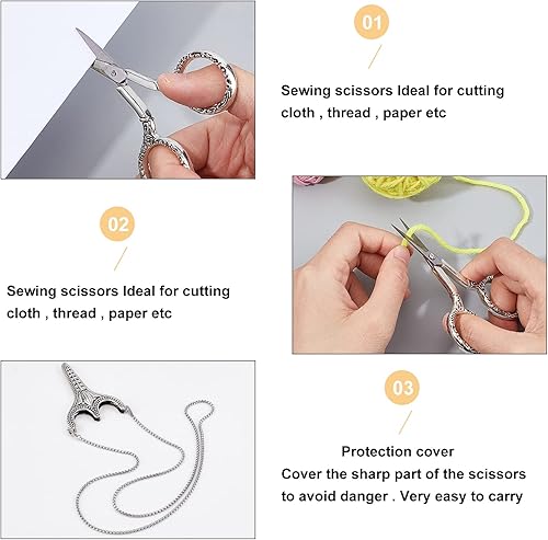 Miniatura 4 de SUNNYCLUE Tijeras de costura de punta afilada de acero inoxidable con cortador de cadena de vaina, tijeras de bordado de seguridad con detalle de