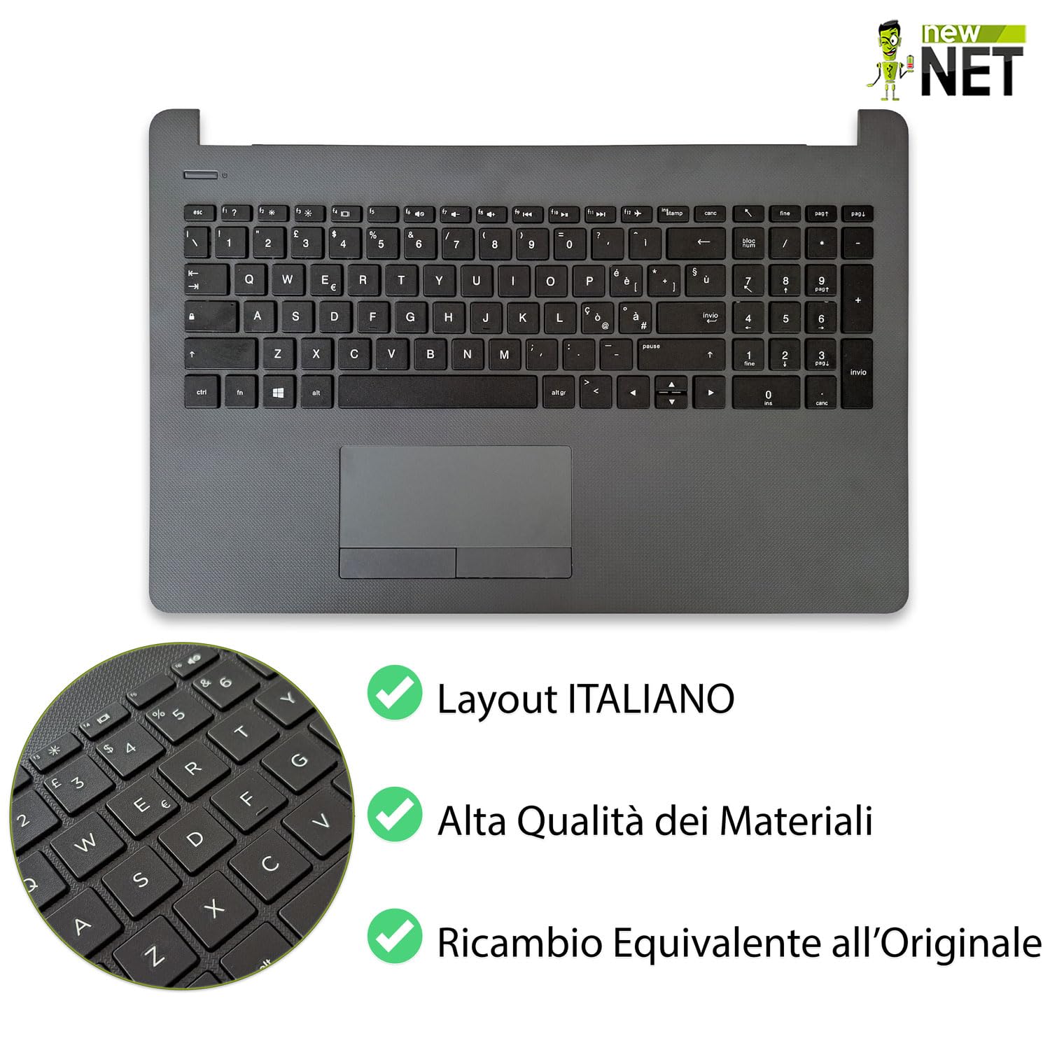 new net - Top Case Palmrest con Tastiera Compatibile con Notebook HP 15-BS, 15-BW, 250 G6, 255 G6 [Colore Dark Ash Silver - con touchpad - Layout ITA]