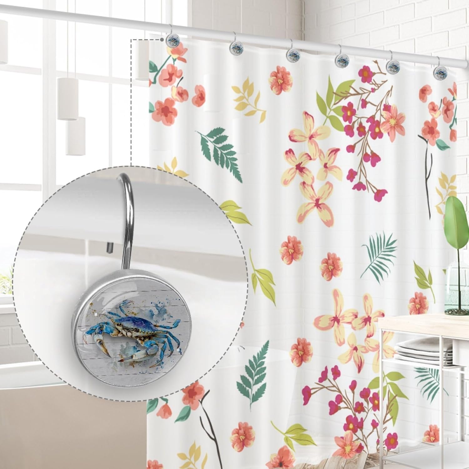 12 Pcs Shower Curtain Hooks, Crab Board Rustproof Decorative Metal Round Shower Curtain Hangers Rings for Bathroom Bedroom Living Room Rods
