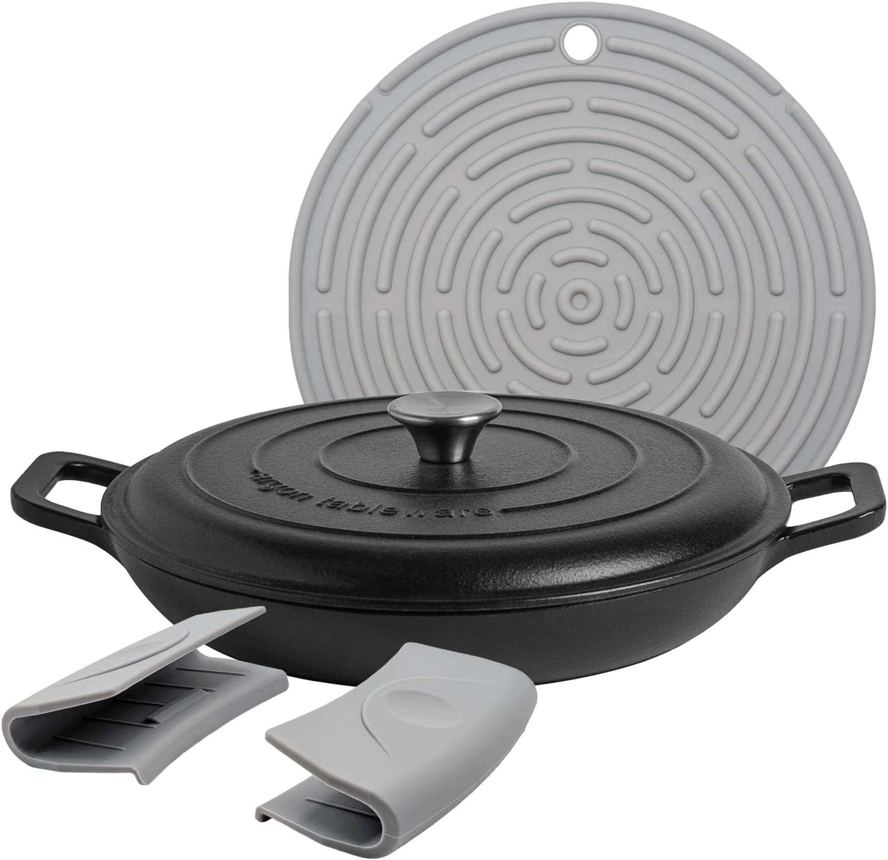 Argon Tableware 2.3L Shallow Cast Iron Casserole Dish with Self-Basting Lid - Matte Black - Induction Hob Cooking 2.43QT Dutch Oven Bread Baking Serving Roasting Stew Stock Pot Pan