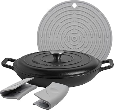 Argon Tableware 2.3L Shallow Cast Iron Casserole Dish with Self-Basting Lid - Matte Black - Induction Hob Cooking 2.43QT Dutch Oven Bread Baking Serving Roasting Stew Stock Pot Pan