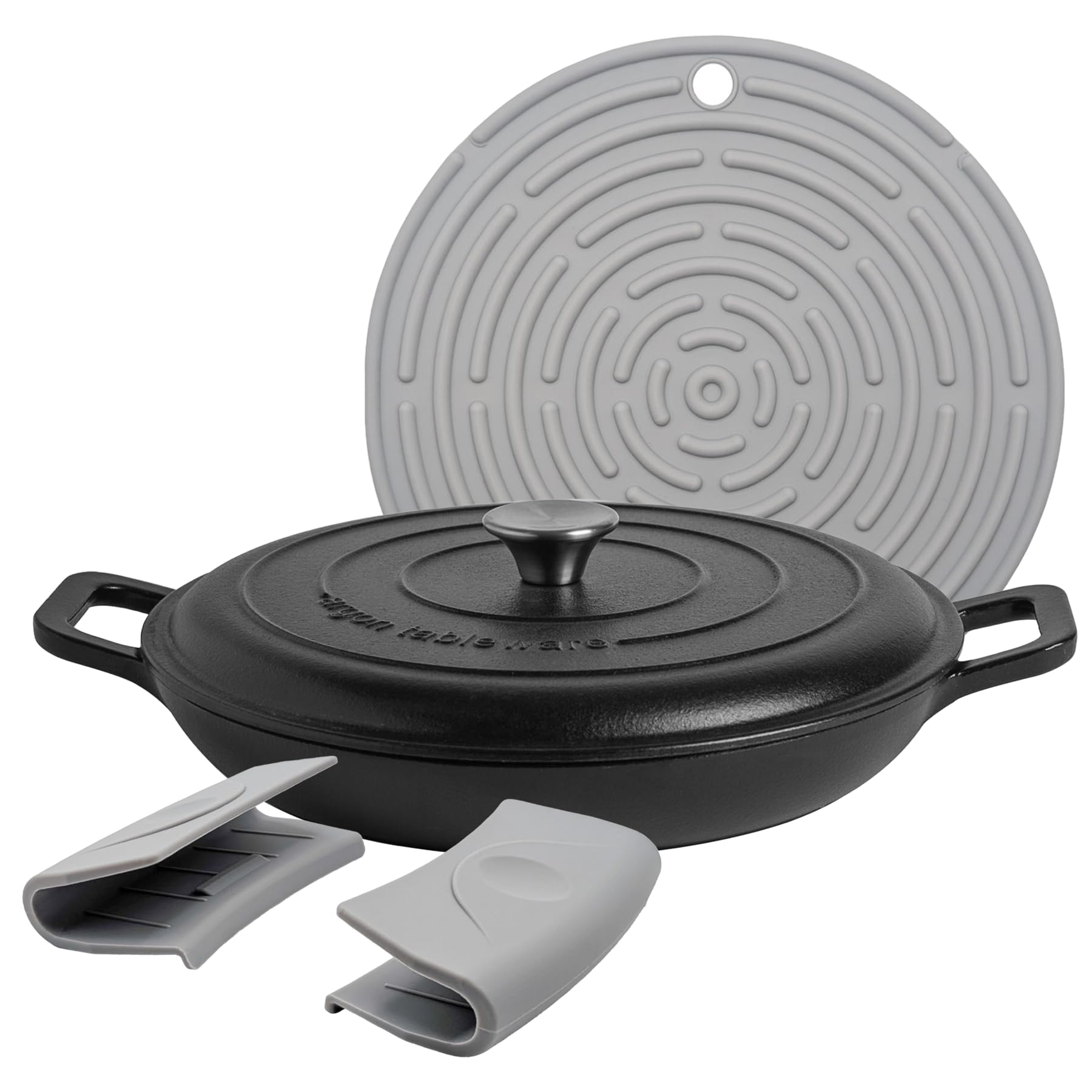 Argon Tableware 2.3L Shallow Cast Iron Casserole Dish with Self-Basting Lid - Matte Black - Induction Hob Cooking 2.43QT Dutch Oven Bread Baking Serving Roasting Stew Stock Pot Pan