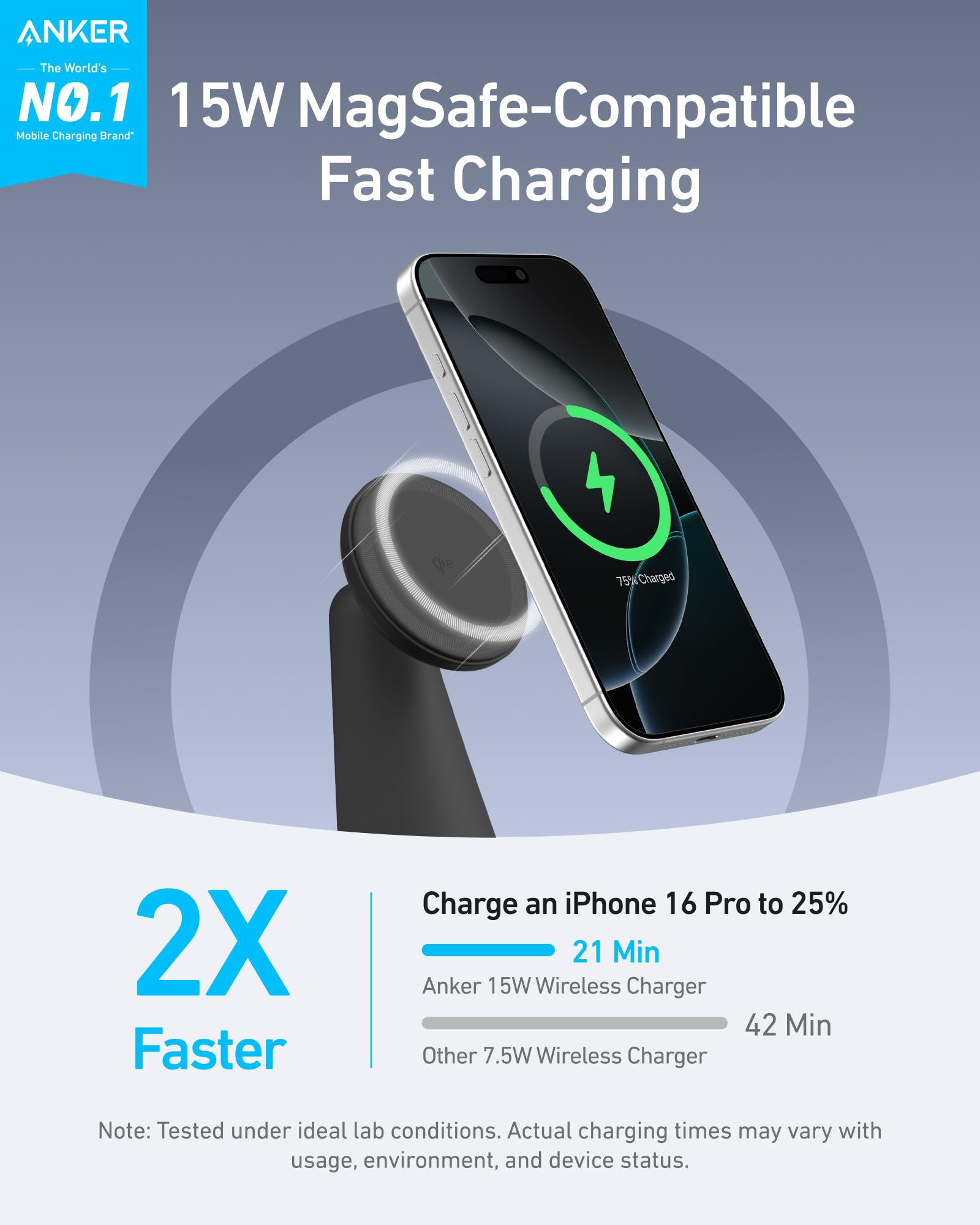 Anker MagGo Stazione di ricarica 2-in-1 di, compatibile MagSafe, caricatore wireless iPhone certificato Qi2 da 15W,regolabile e super resistente,per iPhone serie 16/15 e altro (adattatore non incluso)