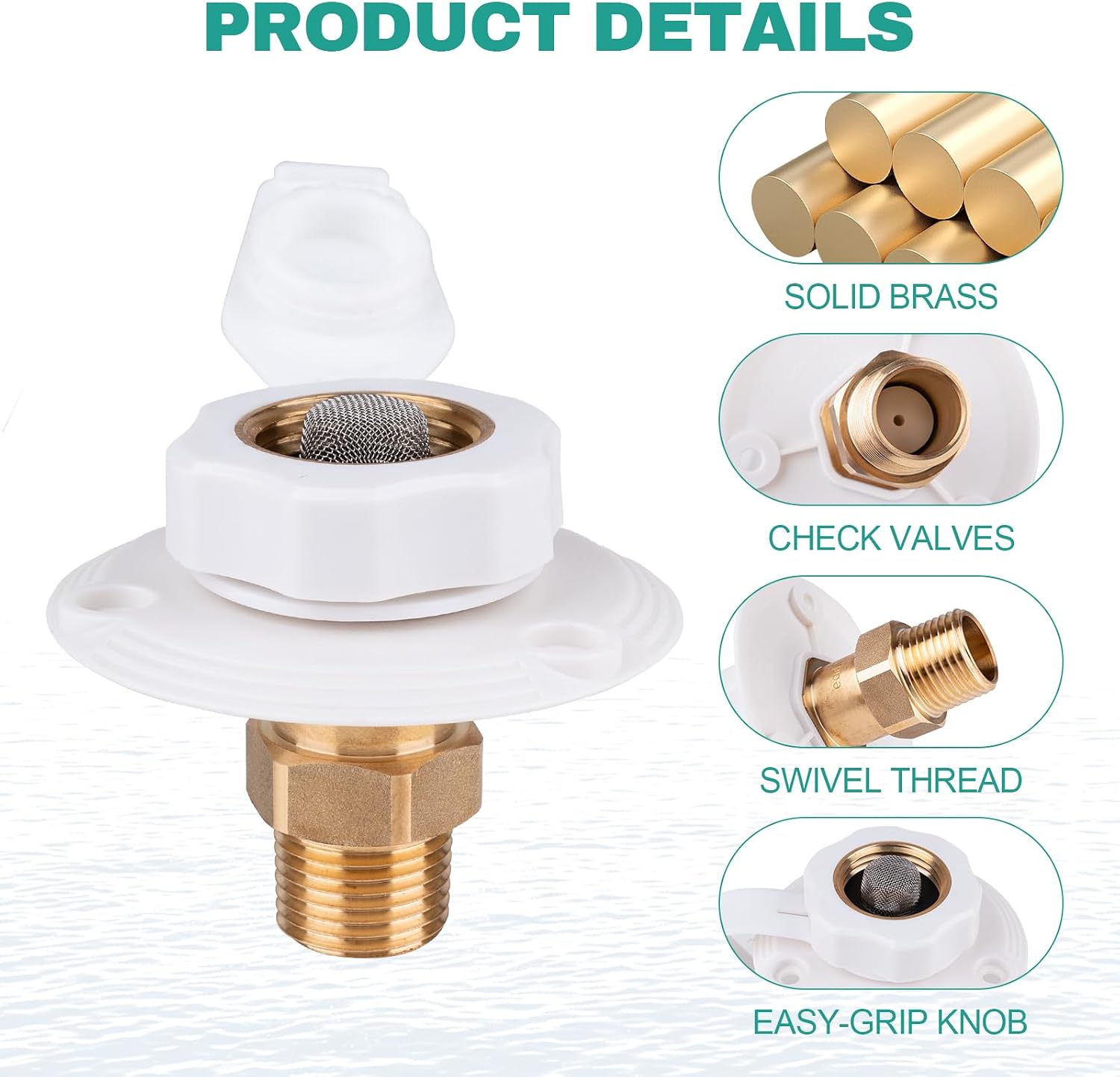 RV City Water Inlet with Check Valve, 3/4" NH Female to 1/2" NPT Male, RV Water Inlet Connection for Camper, Trailer, Marine, White