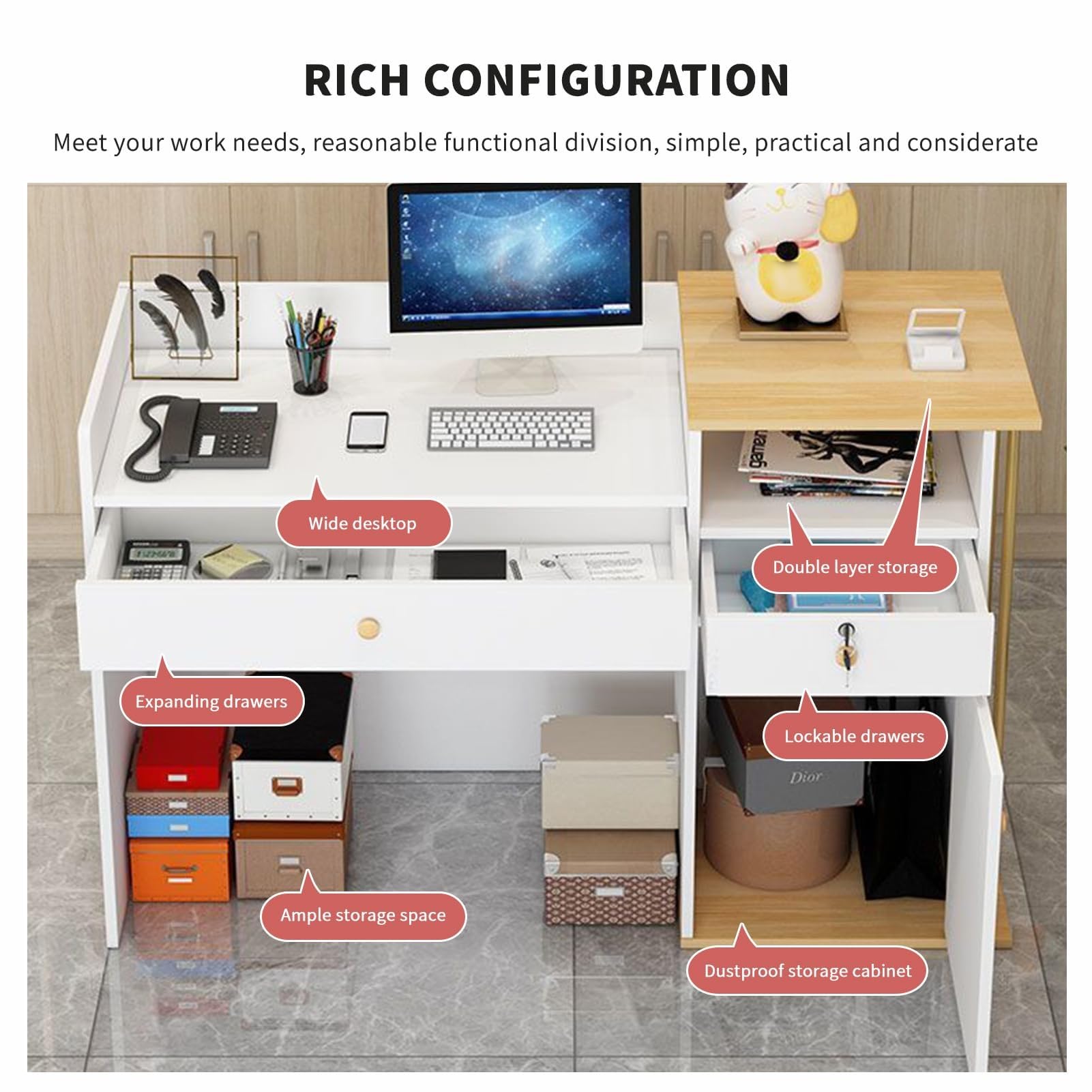 Empfangstheke für Büro, Gewerbefläche, Salon, Klinik, modernes Design mit Innentisch und sicherer Aufbewahrung, 100 cm, Marmor-Finish