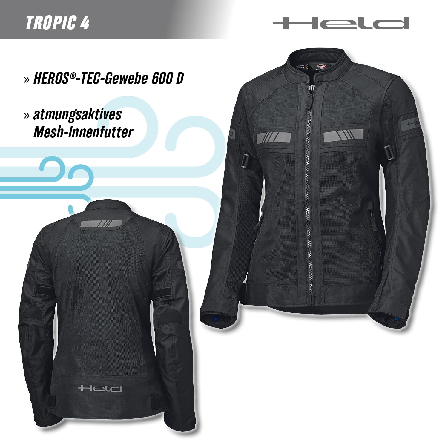 Held Tropic 4 Top Veste de moto d'été pour femme - Veste d'été sportive et aérée en maille - Veste de moto légère avec protections D3o Ghost Level 1 - Classe de protection CE - Noir - Taille M
