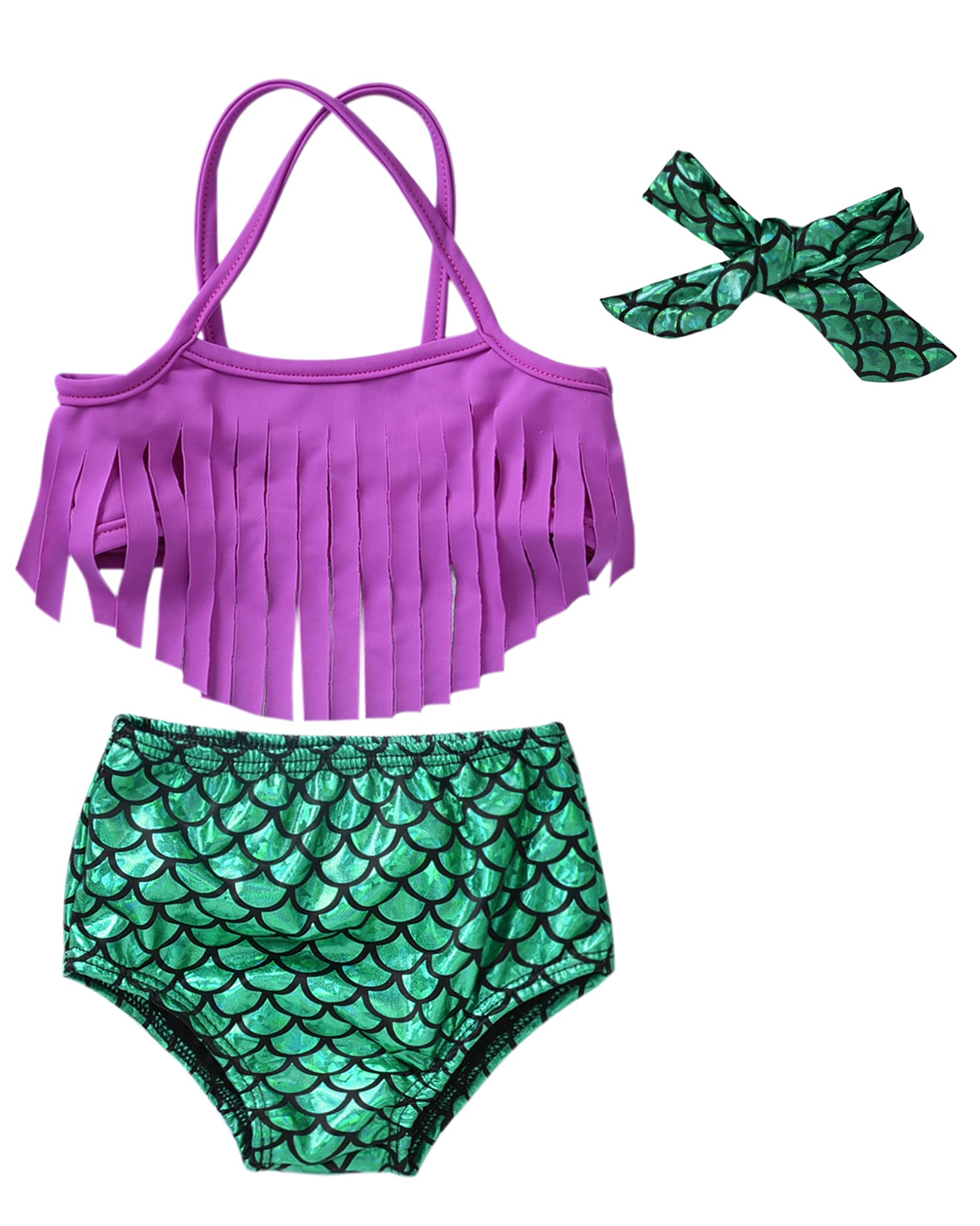 Kids Toddler Baby Girl Mermaid Swimsuits Halter Swimwear Bikini Set with Headband 3Pcs Set