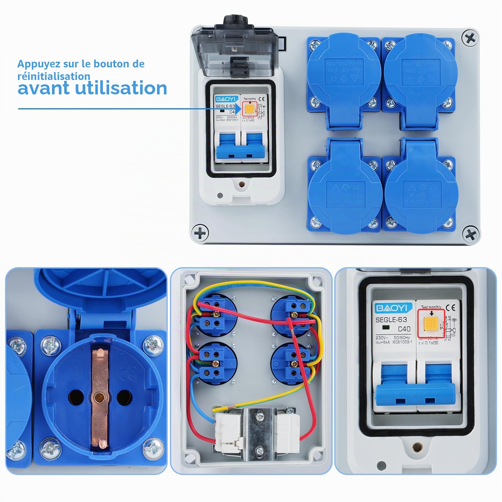 Répartiteur de courant de construction 16A Distributeur de courant fort Distributeur mural avec interrupteur 63A 1P+N Répartiteur de courant 16A avec 4 prises (250V 2 pôles) IP54 étanche.