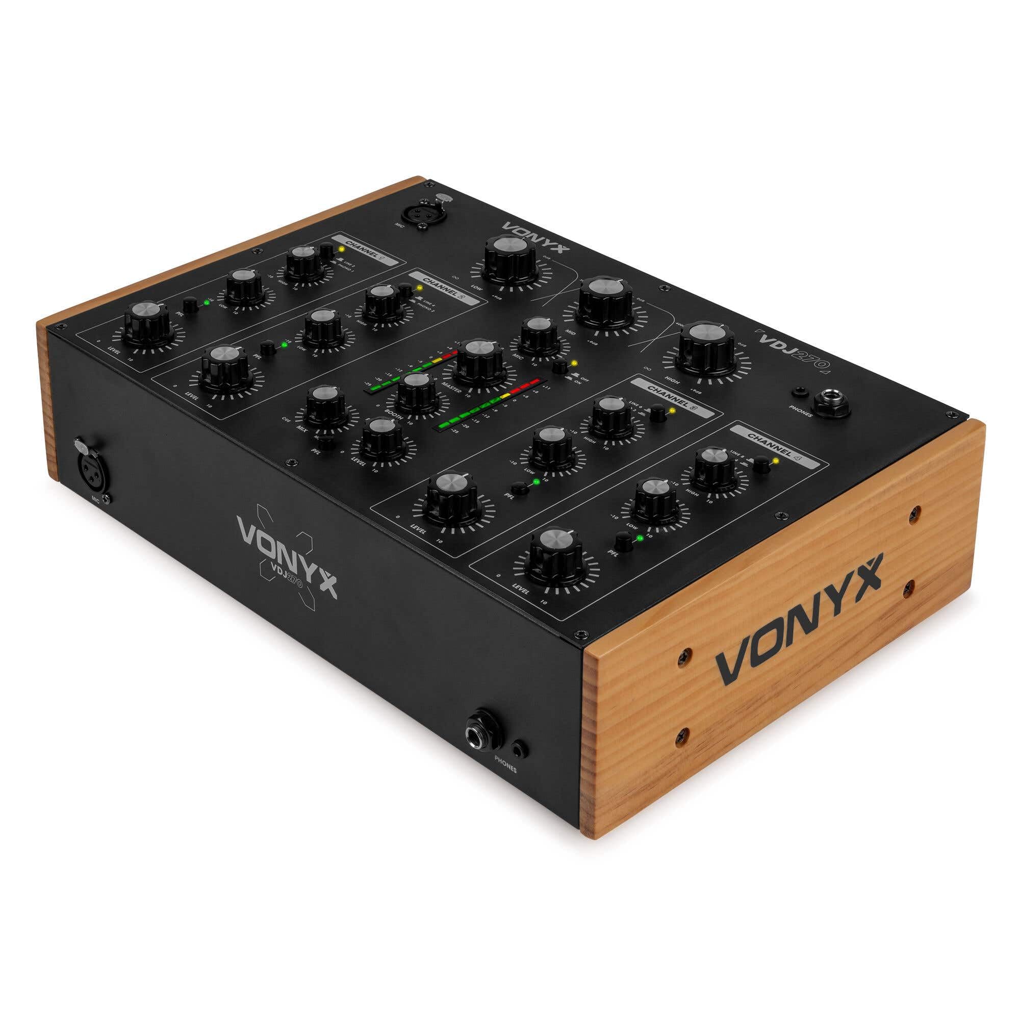 Vonyx VDJ270 DJ mixer a 4 canali – analogico Rotary Audio Mixer con 2 bande EQ & XLR – Retro DJ mixer nero effetto legno – Sound Mixer per vinile & Club – Include Booth Output & Mic Input