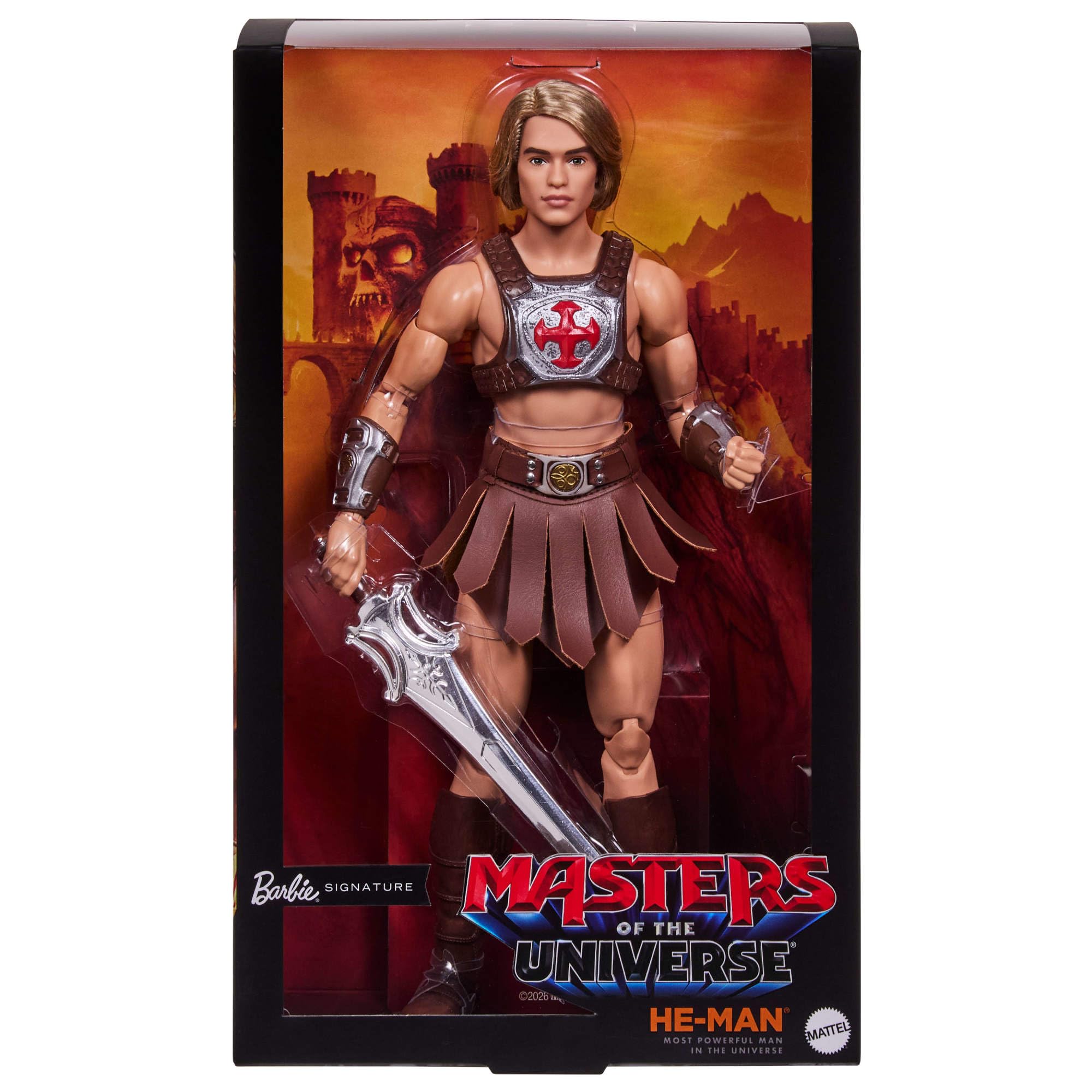 Barbie Signature Ken He-Man Muñeco Coleccionable con arnés de Batalla, Espada, Soporte para el Juguete y Embalaje Expositor, temática de la película de Motu, JJY03