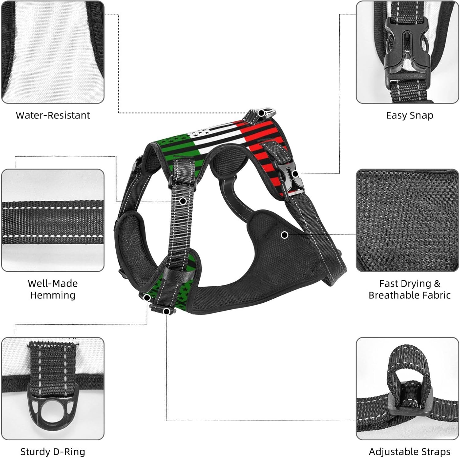 Italian American Flag Dog Harness Reflective Soft Padded Dog Vest Adjustable No-Pull Pet Vest
