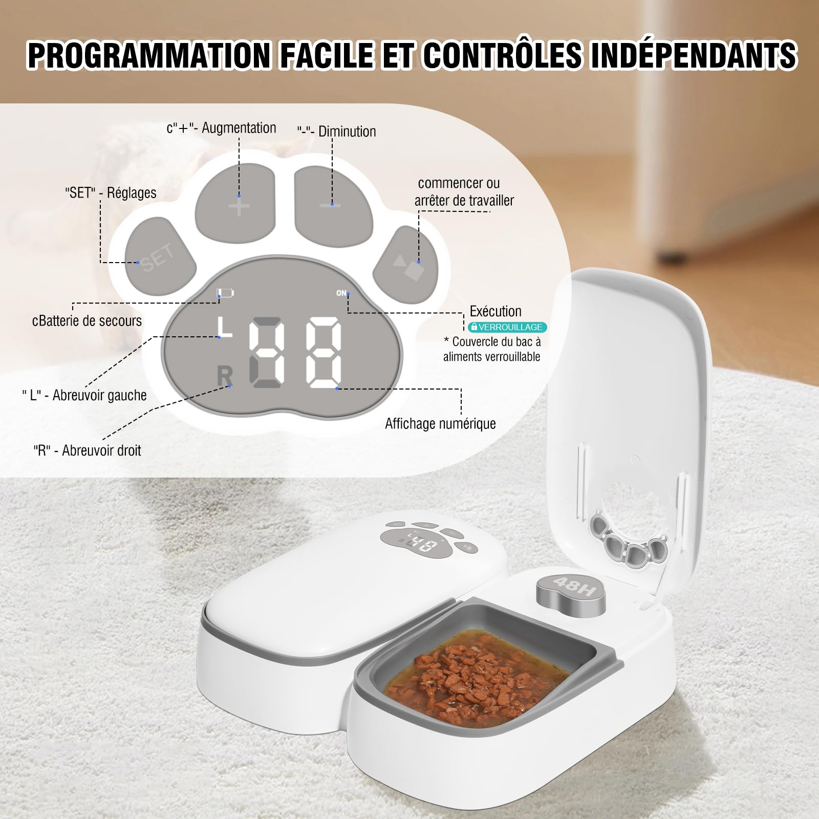 Distributore automatico di crocchette per gatti 2 pasti con display LED e modalità di risparmio energetico, per gatti e cani