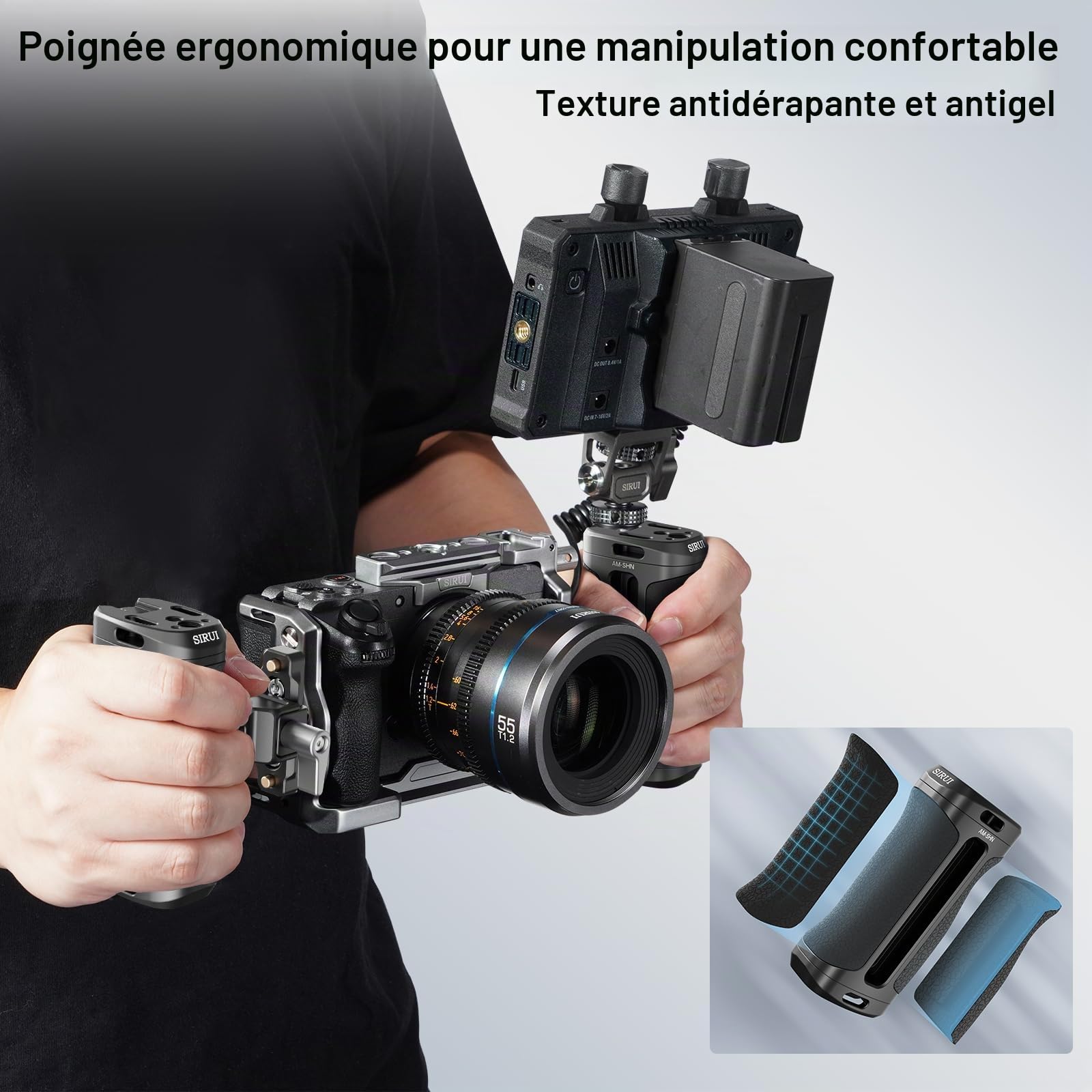 SIRUI Poignée Latérale de Positionnement pour Moture NATO en Option, Poignée Légère pour Cage de Caméra avec clé Intégrée, Griffe Froide et Trous Tiletés, Réglable en Hauteur et en Profondeur(AM-SHN)