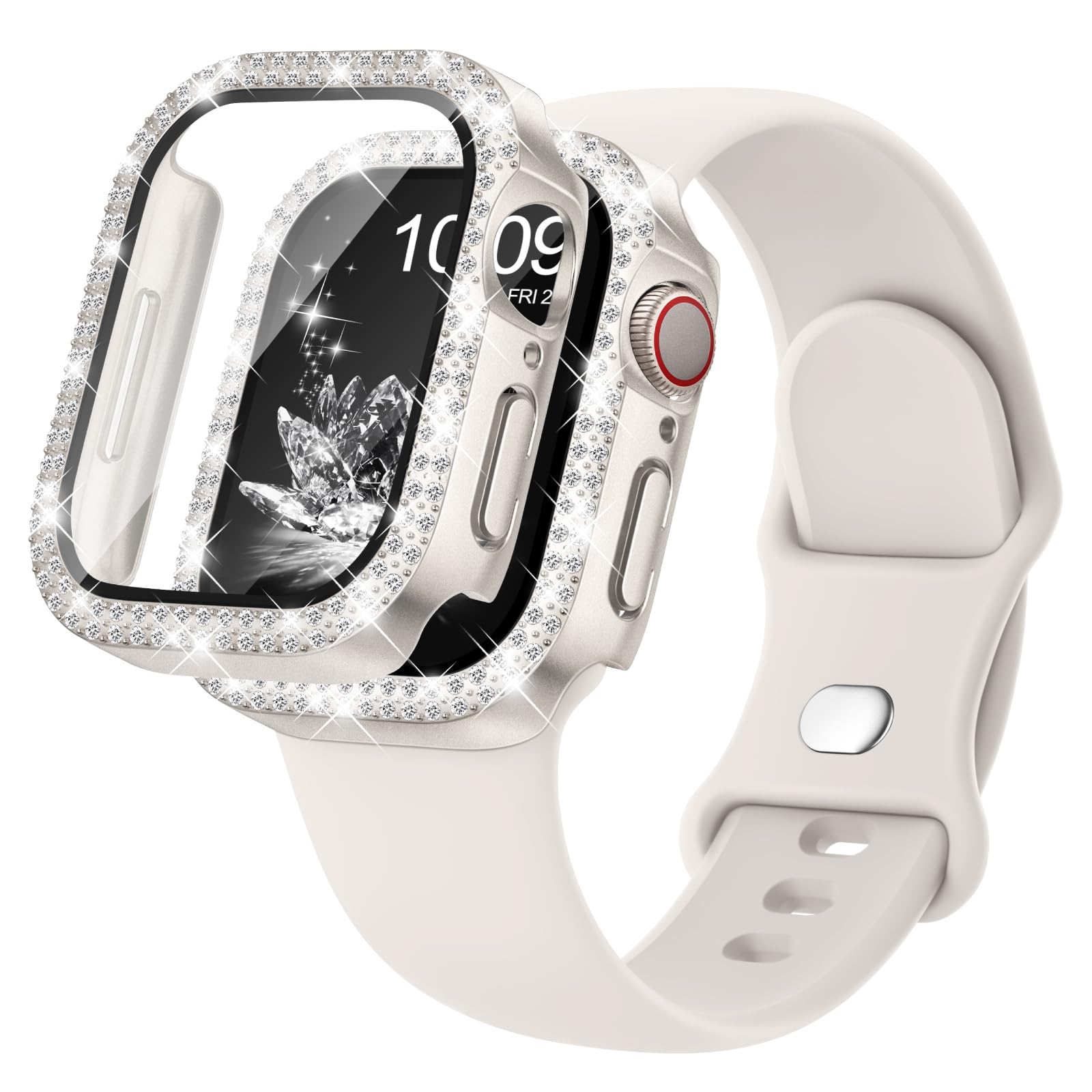 Compatible con correas de Apple Watch de 40 mm, 41 mm, 44 mm, 45 mm, 42 mm, 46 mm, con protector de pantalla para mujer, correa de silicona con diamantes brillantes, cubierta protectora de vidrio