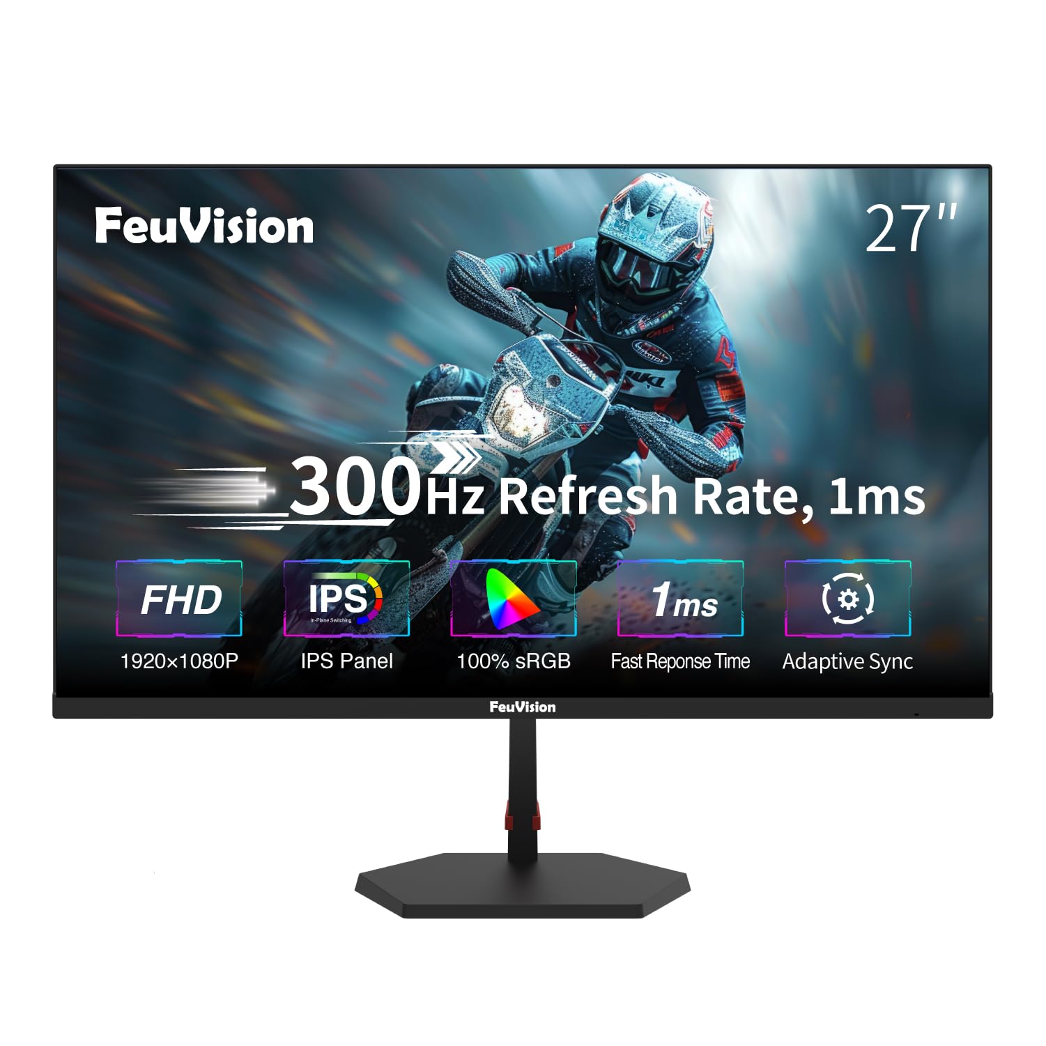 FeuVision 27 Zoll Gaming Monitor, 300Hz 240Hz, FHD 1080p, PC Monitor, 1ms, IPS Panel, Adaptive-Sync, FreeSync, VESA montierbar, Eye-Care, 100% sRGB, Rahmenlos Bildschirm, HDMI*2, DP*2