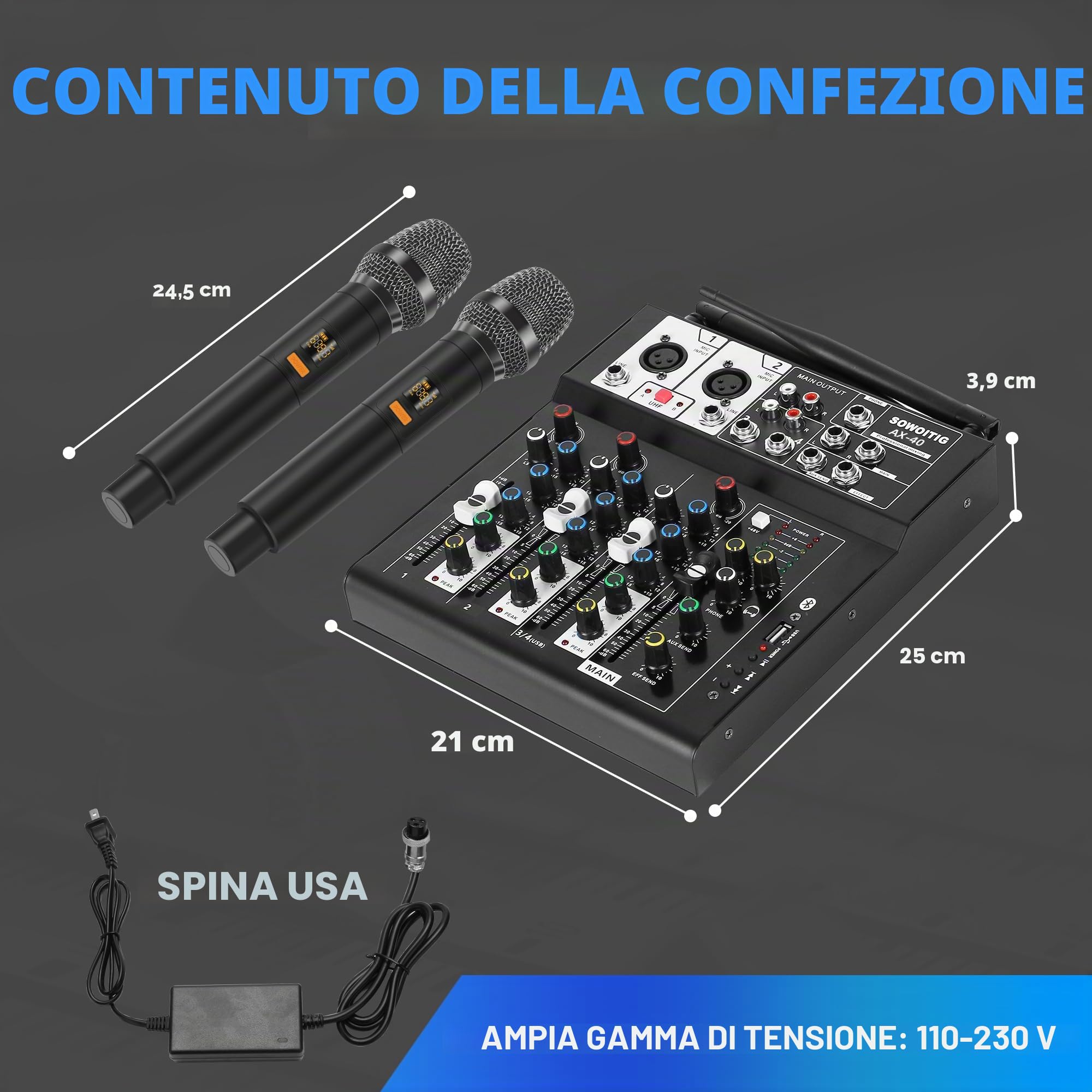 Karaoke mixer con 2 microfoni wireless, audio a 4 canali, console DJ, microfono senza fili, Bluetooth, porta USB, alimentazione phantom 48 V per registrazione studio