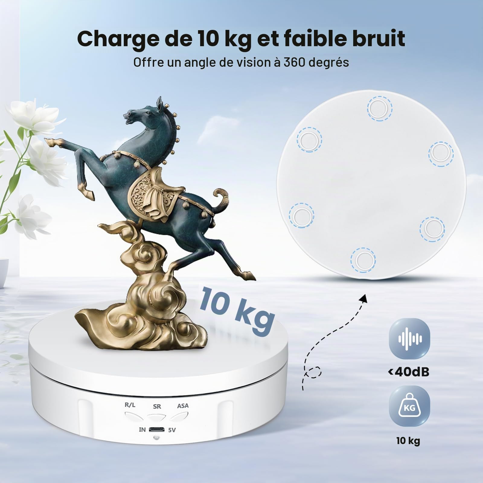 Plateau Tournant Electrique, Direction et Vitesse à 360 Degrés Réglables Tournante Rotative Électrique, Charge de 10KG Automatique Support Rotatif Motorisé Rechargeable avec 5 Panneaux de Fond