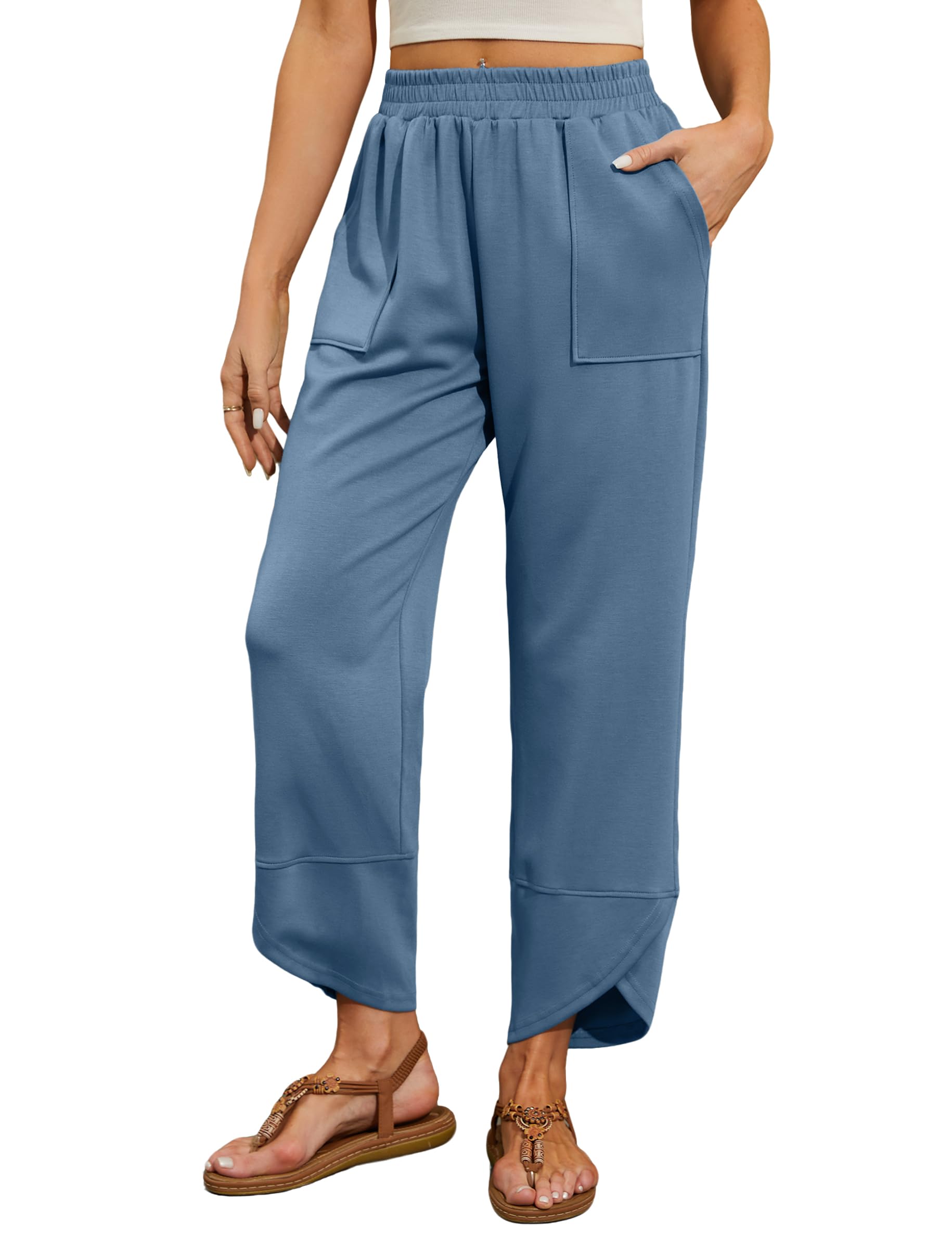 Quenteen Womens Wide Leg Pants Elastic Waisted Cropped Casual Pants with Pockets Harem Pants