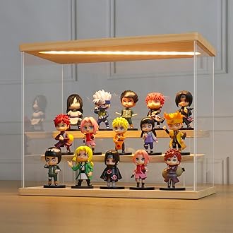 LANSCOERY LED Lighted Acrylic Display Case, 3 Tier Display Box for Collectibles and Action Figures, Clear Dustproof Organizer with Wooden Base – 11.8x6.3x9.4inch