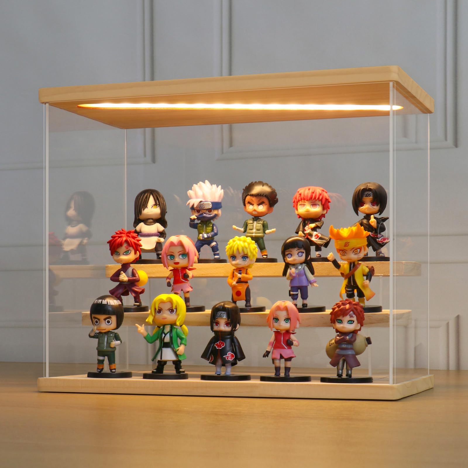 LANSCOERY Transparent Acrylic Display Case with Light, 3 Levels Assembly with Wooden Base, Dust Protection for Collecting Figures