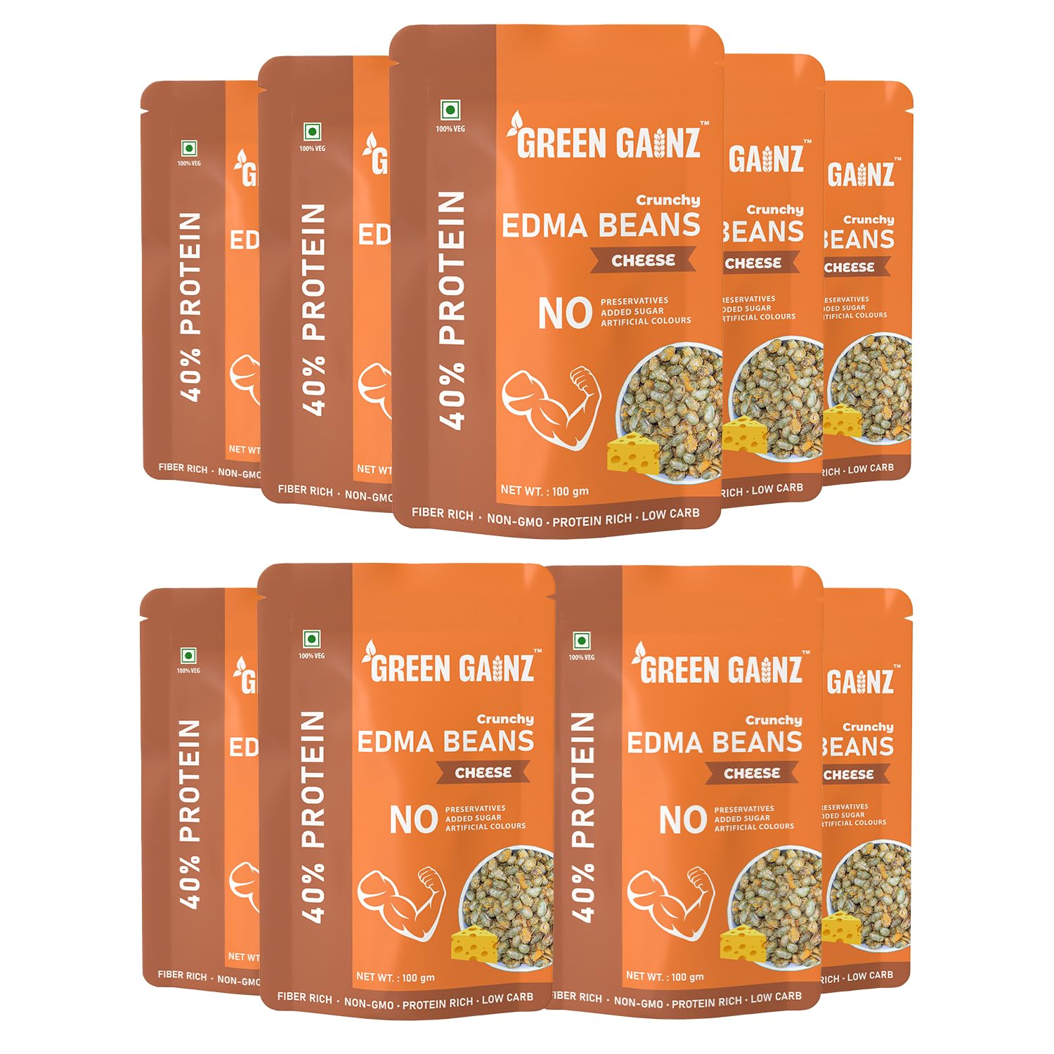 Green Gainz Roasted Edma Beans (Edamame) Cheese Flavour (pack of 9-100gm each) | 100% Veg High Protein Snack | No Added Sugar | Non-GMO | Rich in Fiber | No Gluten