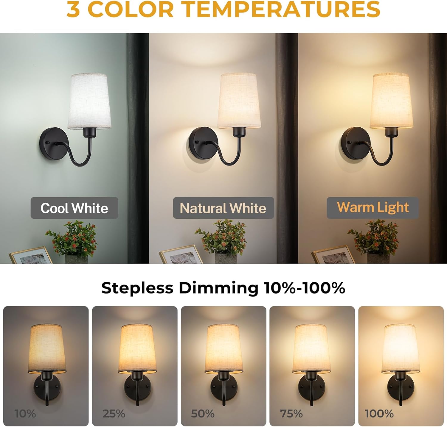 Battery Operated Wall Sconce Set of 2, 10000mAh Rechargeable Wall Sconces Battery Operated Light Dimmable Battery Powered Wall Lights with Black Gooseneck for Bedroom Living Room, Linen Lampshade
