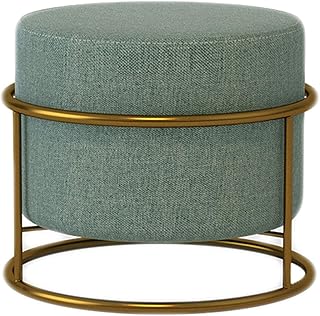 مسند قدم دائري ناعم من اس تي تي سي، كرسي منتفخ عصري من الكتان لتغيير الاحذية، مسند قدم منجد للمنزل وغرفة المعيشة وغرفة النوم والمكتب، ازرق سيان كتان