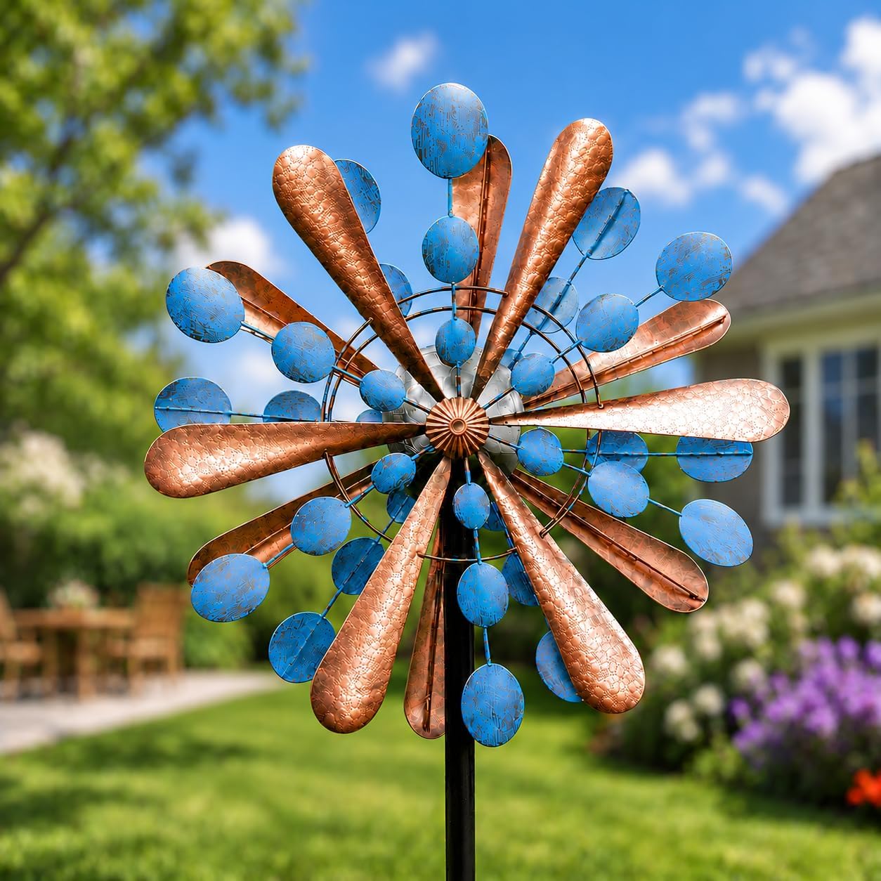 75in Metal Wind Spinner with Solar Light Outdoor Garden Yard Art Decor